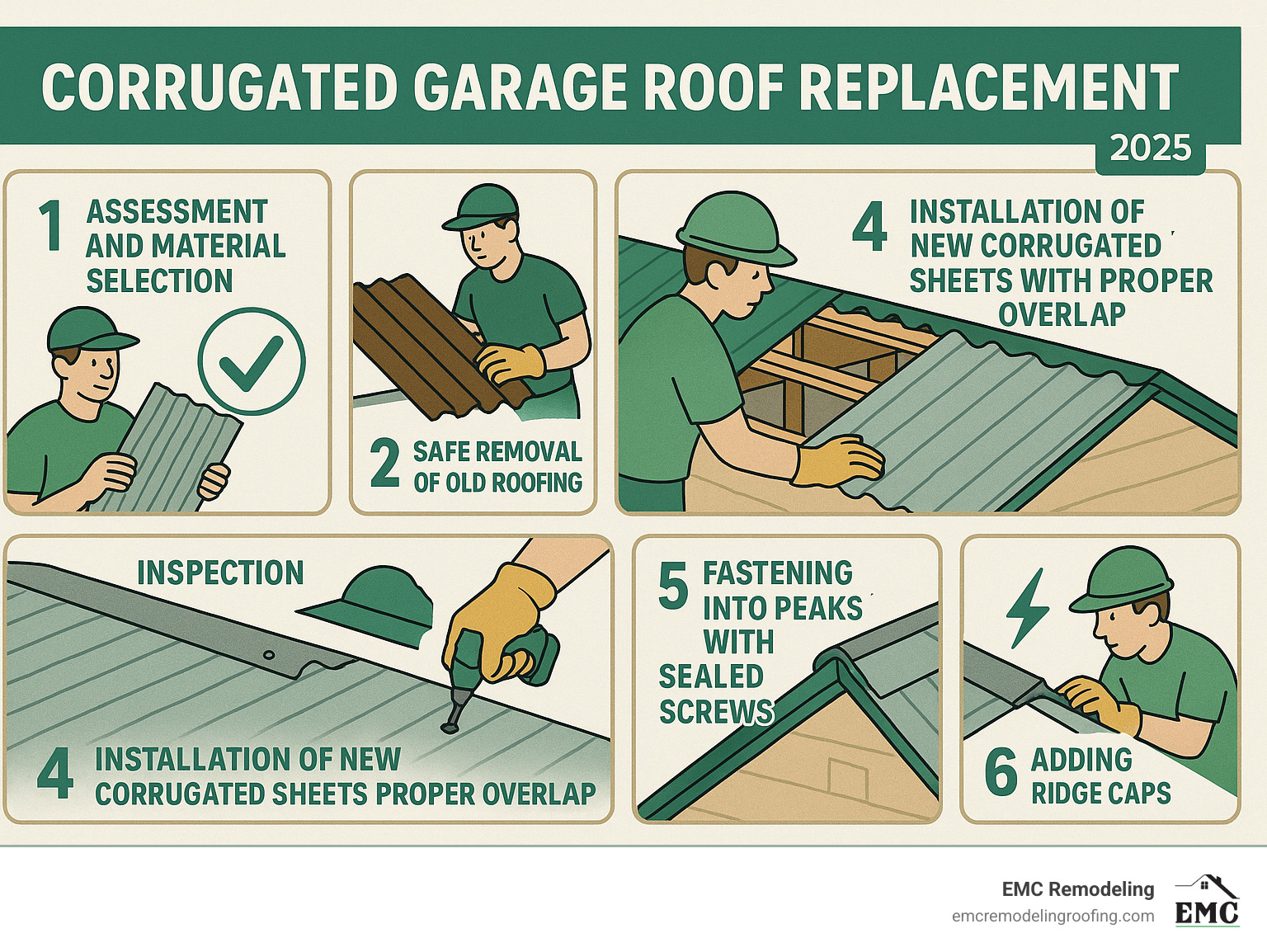 Infographic showing corrugated garage roof replacement process: 1) Assessment and material selection 2) Safe removal of old roofing 3) Inspection of roof deck and purlins 4) Installation of new corrugated sheets with proper overlap 5) Fastening into peaks with sealed screws 6) Adding ridge caps and flashing - corrugated garage roof replacement infographic 