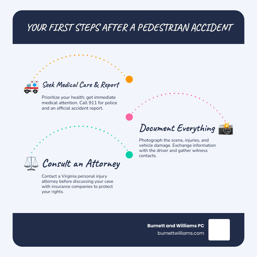 Detailed infographic showing 5 immediate steps after pedestrian accident: 1. Call 911 for medical help and police report, 2. Document scene with photos of injuries and vehicle damage, 3. Exchange information with driver and witnesses, 4. Seek medical attention even for minor injuries, 5. Contact Virginia personal injury attorney before insurance discussions - Pedestrian accident claim infographic infographic-line-3-steps-blues-accent_colors