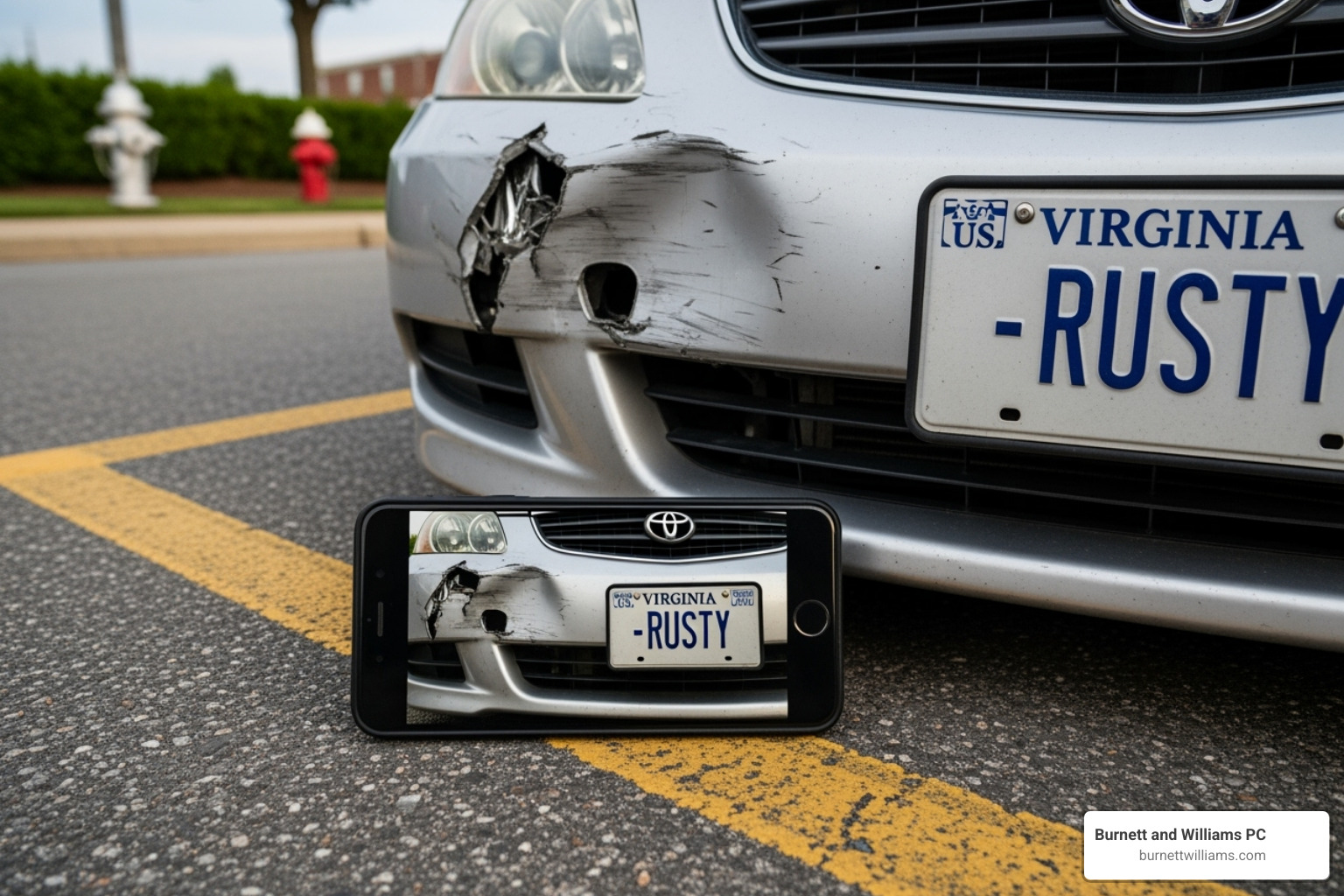 Image of a person using their smartphone to take pictures of vehicle damage and license plates - Uninsured motorist claim lawyer