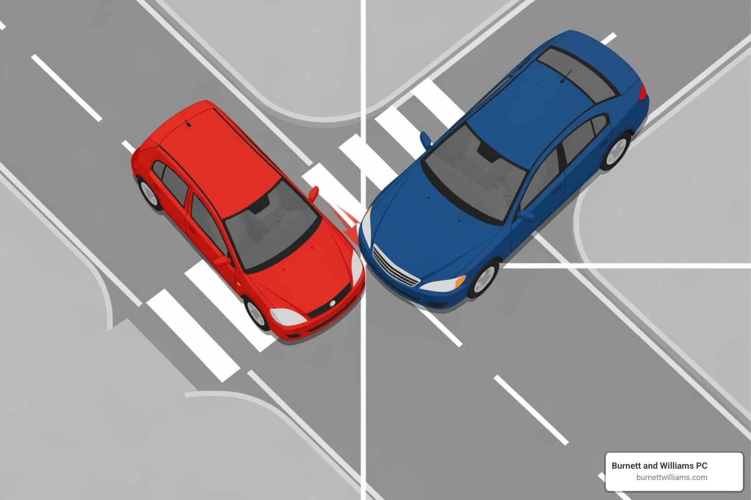 Diagram showing two cars at an intersection to illustrate fault, with one car slightly encroaching into the other's path - Personal injury claim help Diagram showing two cars at an intersection to illustrate fault, with one car slightly encroaching into the other's path - Personal injury claim help