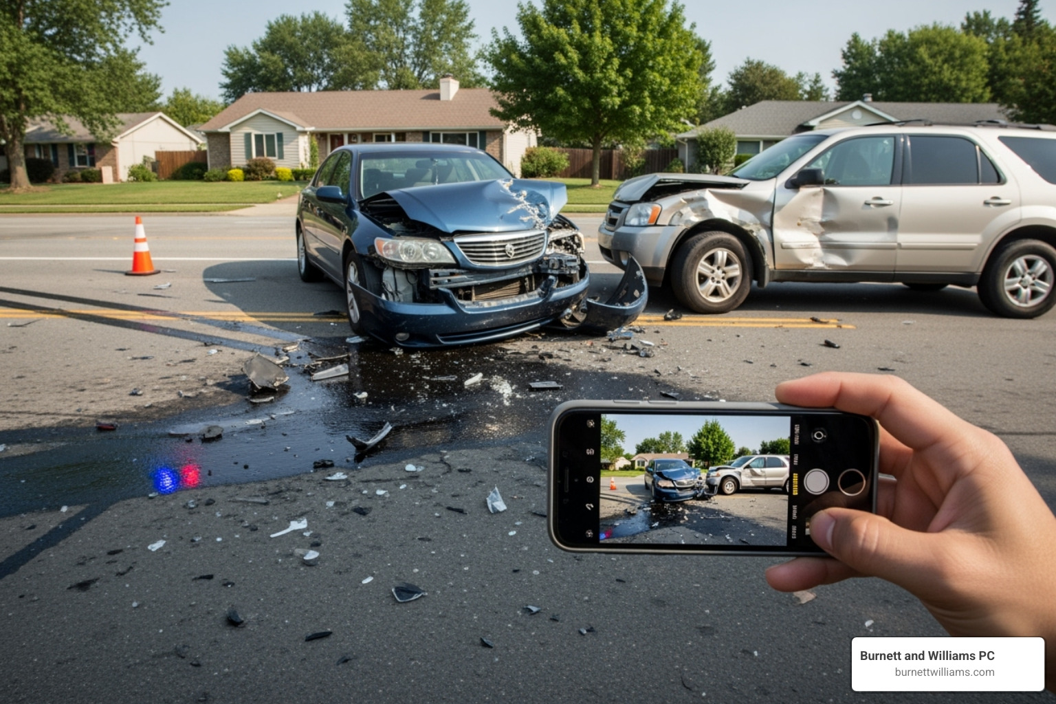 Car accident scene with someone taking photos of vehicle damage and the surrounding area - Personal injury claim help Car accident scene with someone taking photos of vehicle damage and the surrounding area - Personal injury claim help