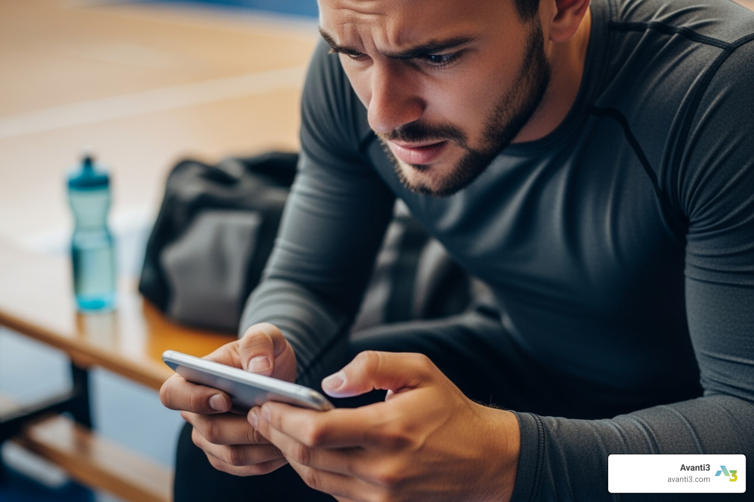 of an athlete looking stressed while reading a phone - sports and the media