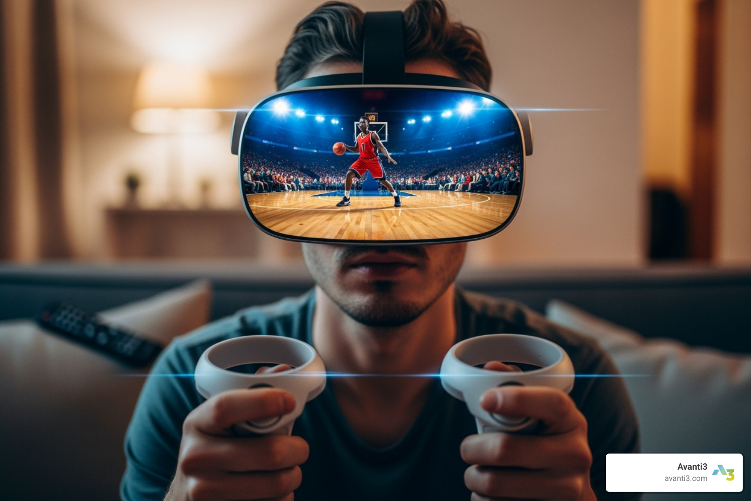 of a person using a VR headset to watch a basketball game from a courtside perspective - sports and the media