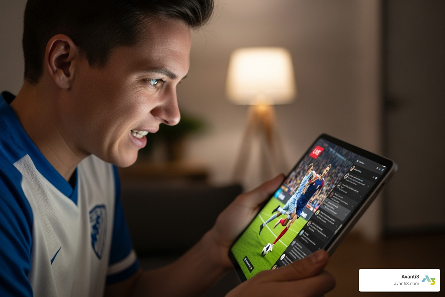 of a fan reacting to a game on a tablet with social media feeds open - sports and the media