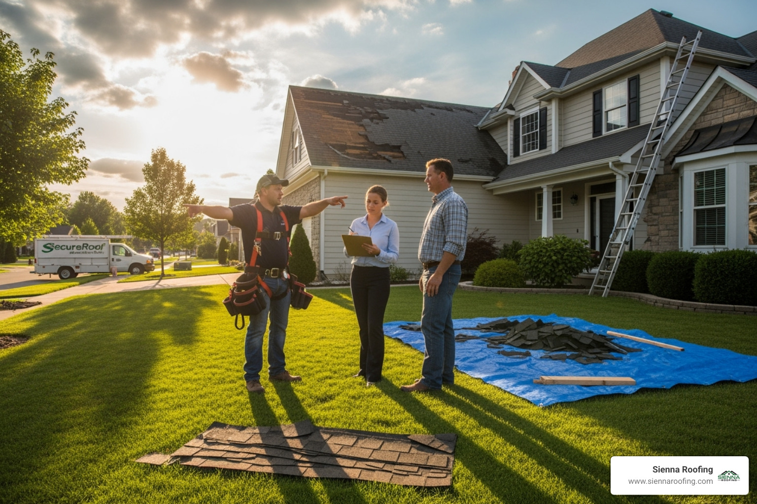 A professional roofer in a safety harness, explaining damage to a homeowner and an insurance adjuster on a lawn - storm damage roof replacement company