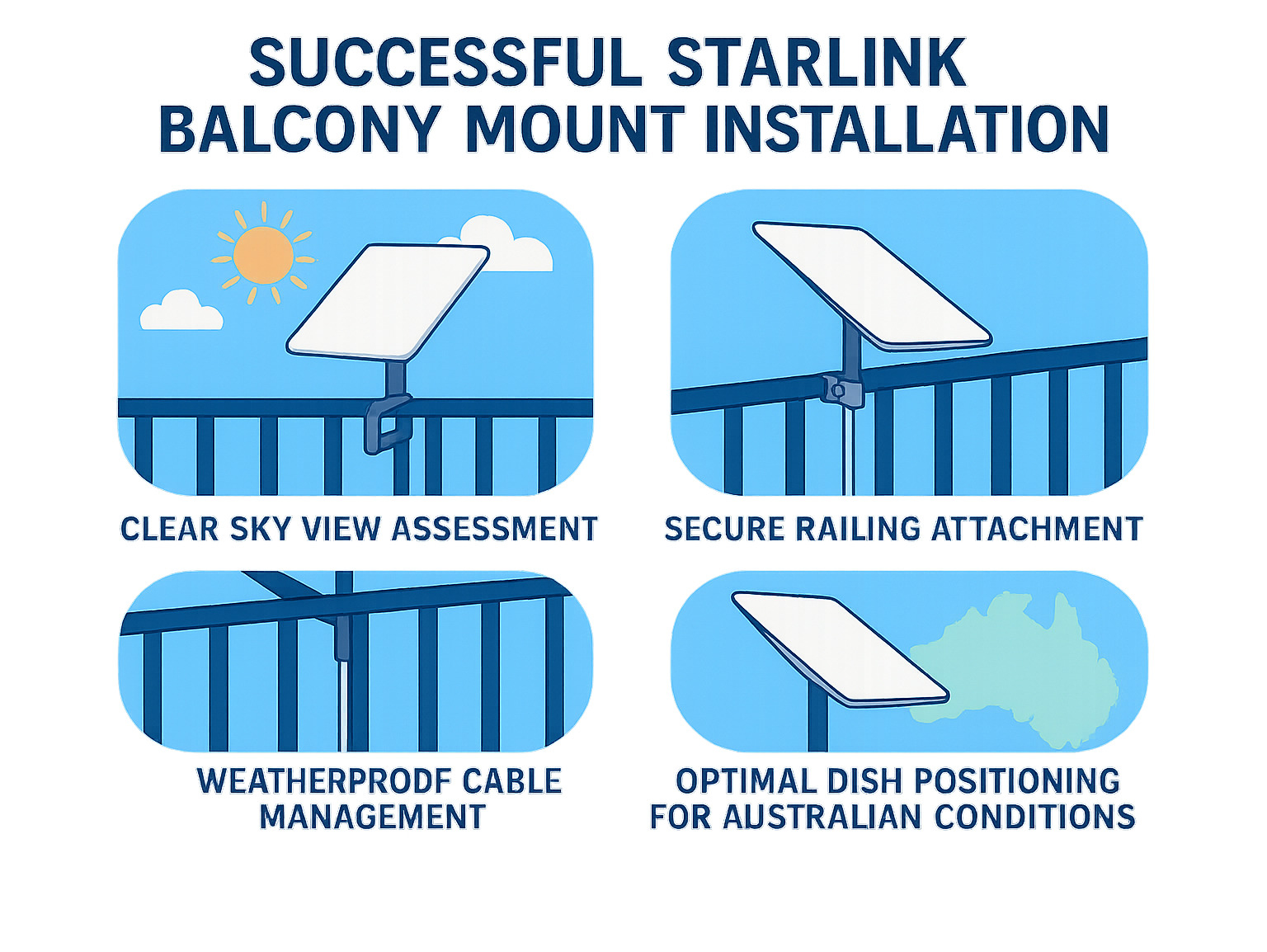 Infographic showing the key components of a successful Starlink balcony mount installation: clear sky view assessment, secure railing attachment, weatherproof cable management, and optimal dish positioning for Australian conditions - Starlink balcony mount infographic 