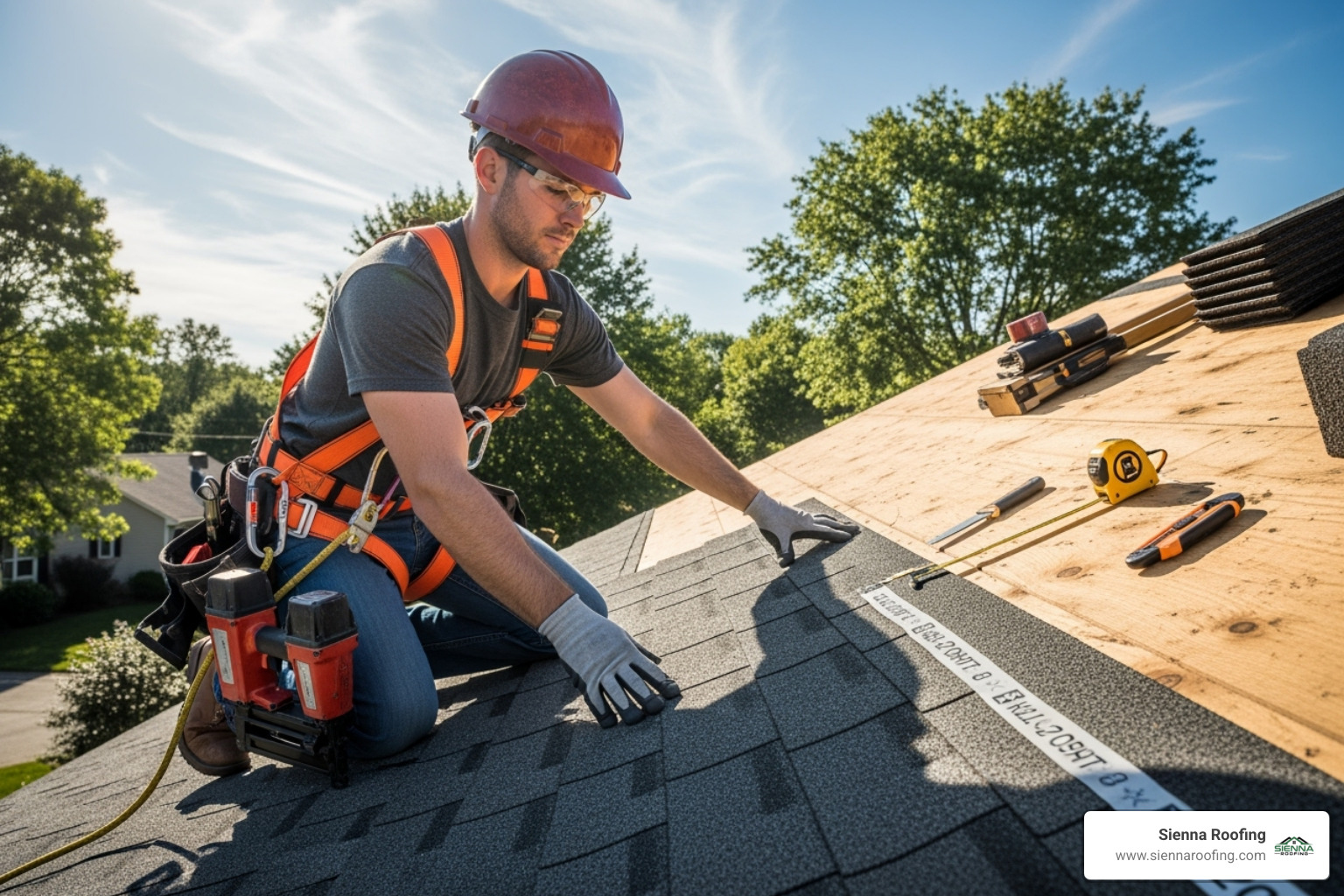 A roofer, wearing a safety harness, easily installing asphalt shingles on a sunny day, showcasing the material's ease of application. - asphalt shingle roofing