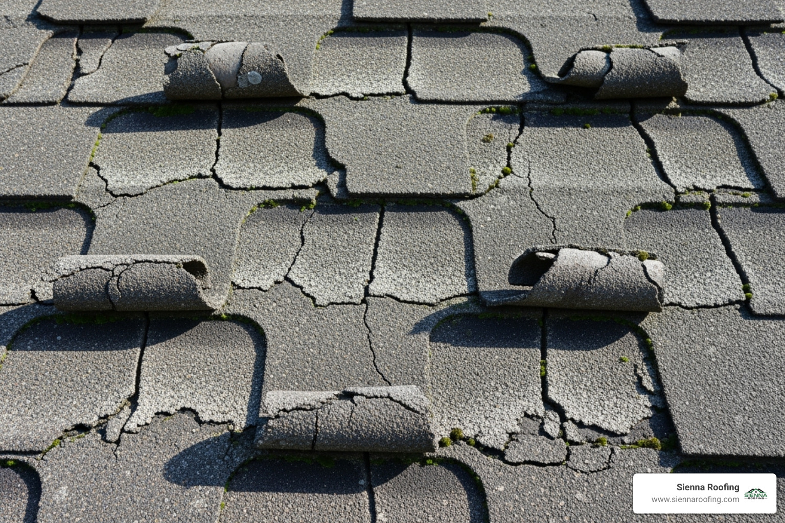 A close-up image of a residential roof showing clear signs of aging, with shingles that are cracked, curling at the edges, and exhibiting significant granule loss, indicating the need for replacement. - asphalt shingle roofing