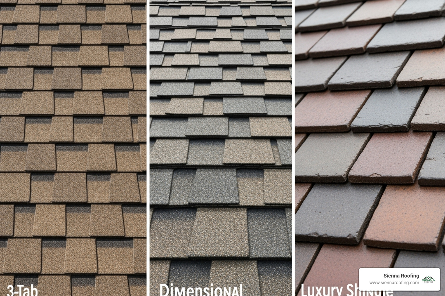 A collage showcasing the distinct looks of 3-tab, dimensional, and luxury shingles, highlighting their varying textures, thicknesses, and visual depth. - asphalt shingle roofing