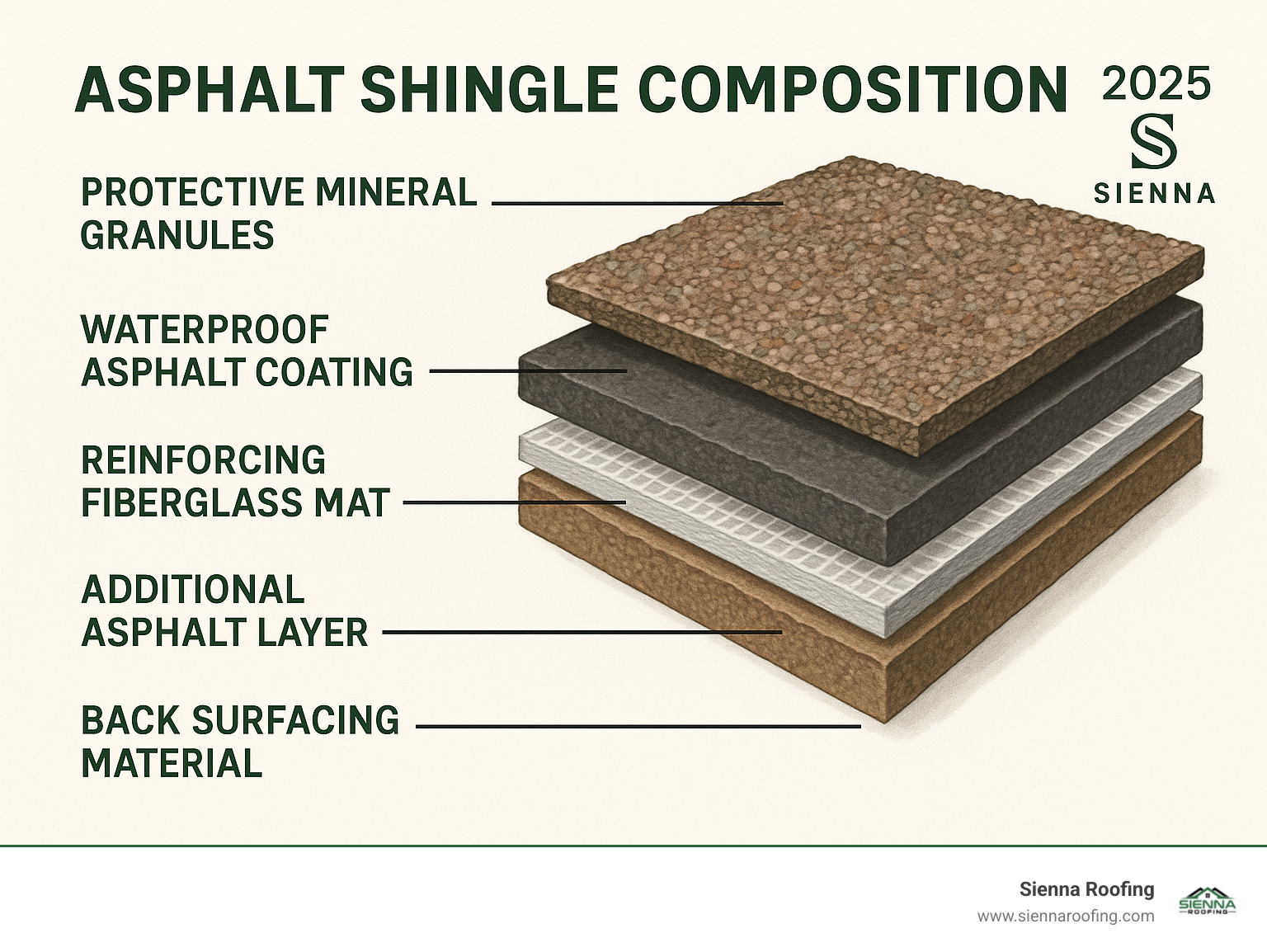 Detailed cross-section diagram showing the five essential layers of a modern fiberglass asphalt shingle: protective mineral granules on top, waterproof asphalt coating, reinforcing fiberglass mat core, additional asphalt layer, and back surfacing material - asphalt shingle roofing infographic 
