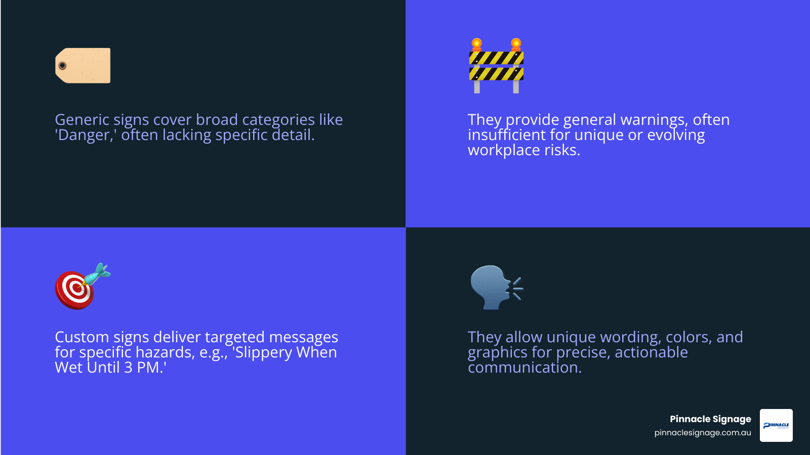 Infographic explaining the difference between generic and custom safety signs for hazard communication - Custom safety signs infographic 4_facts_emoji_blue Infographic explaining the difference between generic and custom safety signs for hazard communication - Custom safety signs infographic 4_facts_emoji_blue