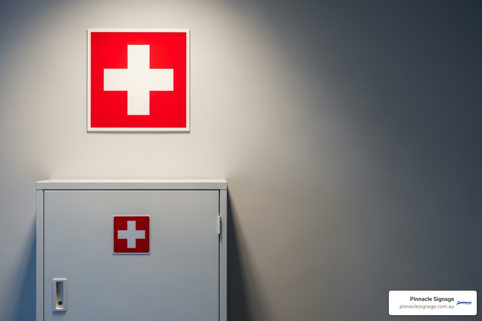 Image demonstrating correct sign placement above a first aid cabinet - first aid kit signage Image demonstrating correct sign placement above a first aid cabinet - first aid kit signage
