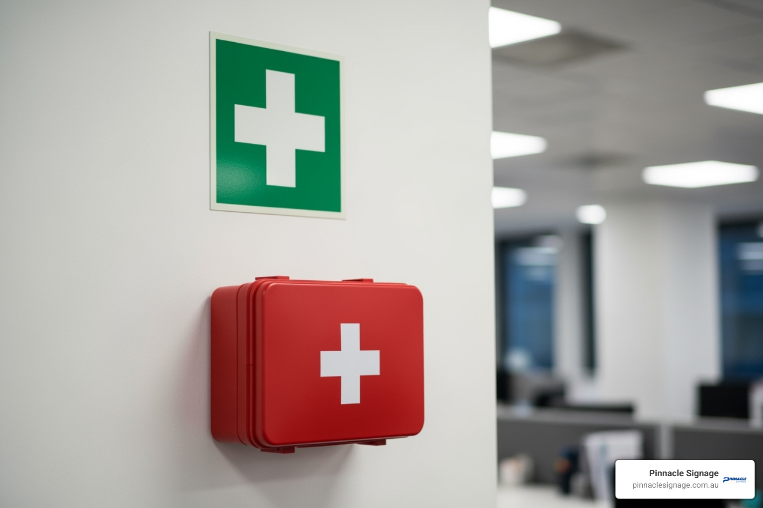image of a standard "First Aid Kit" sign mounted on a wall above a kit - first aid point signage