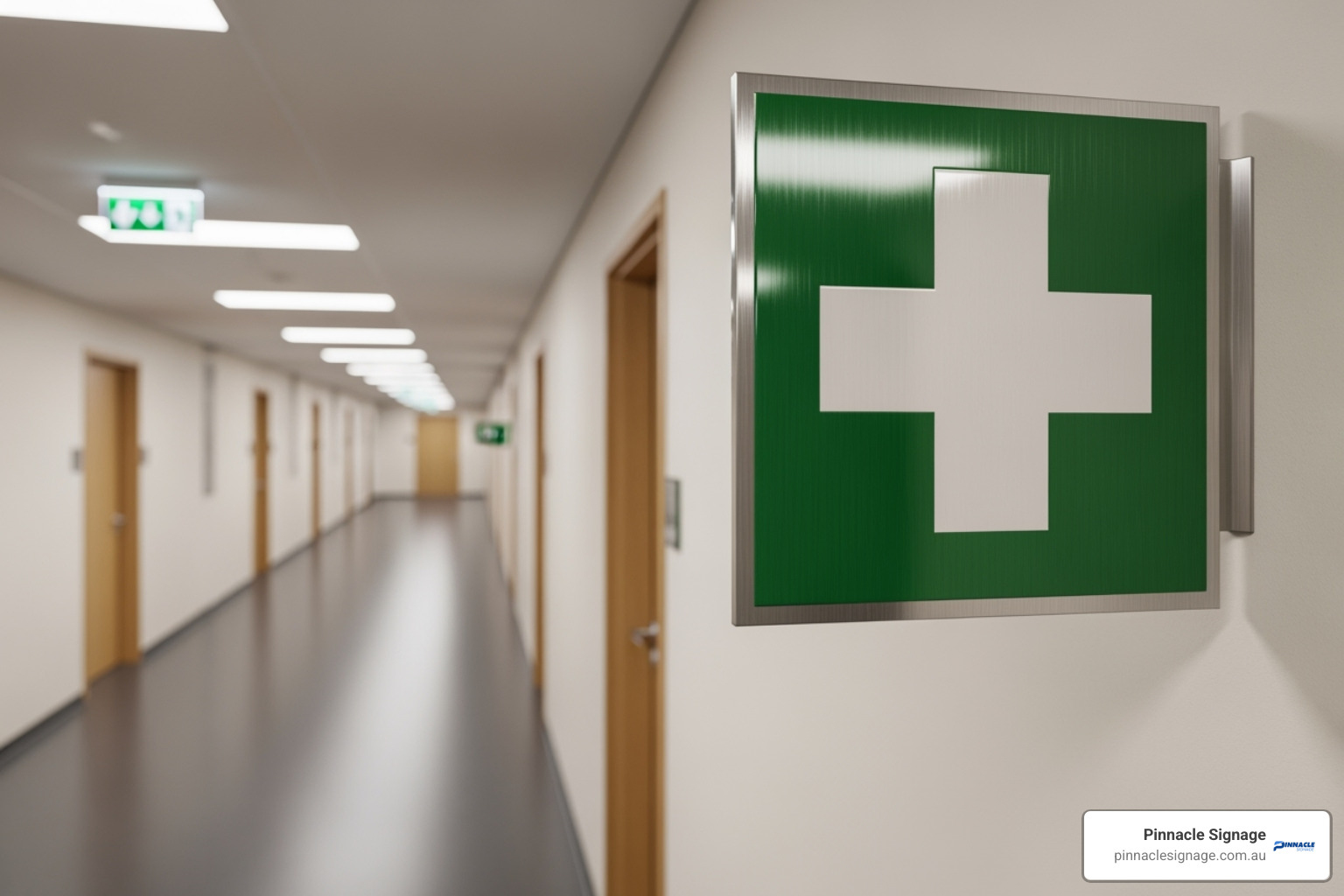 image of a projecting first aid sign in a long, well-lit corridor - first aid point signage