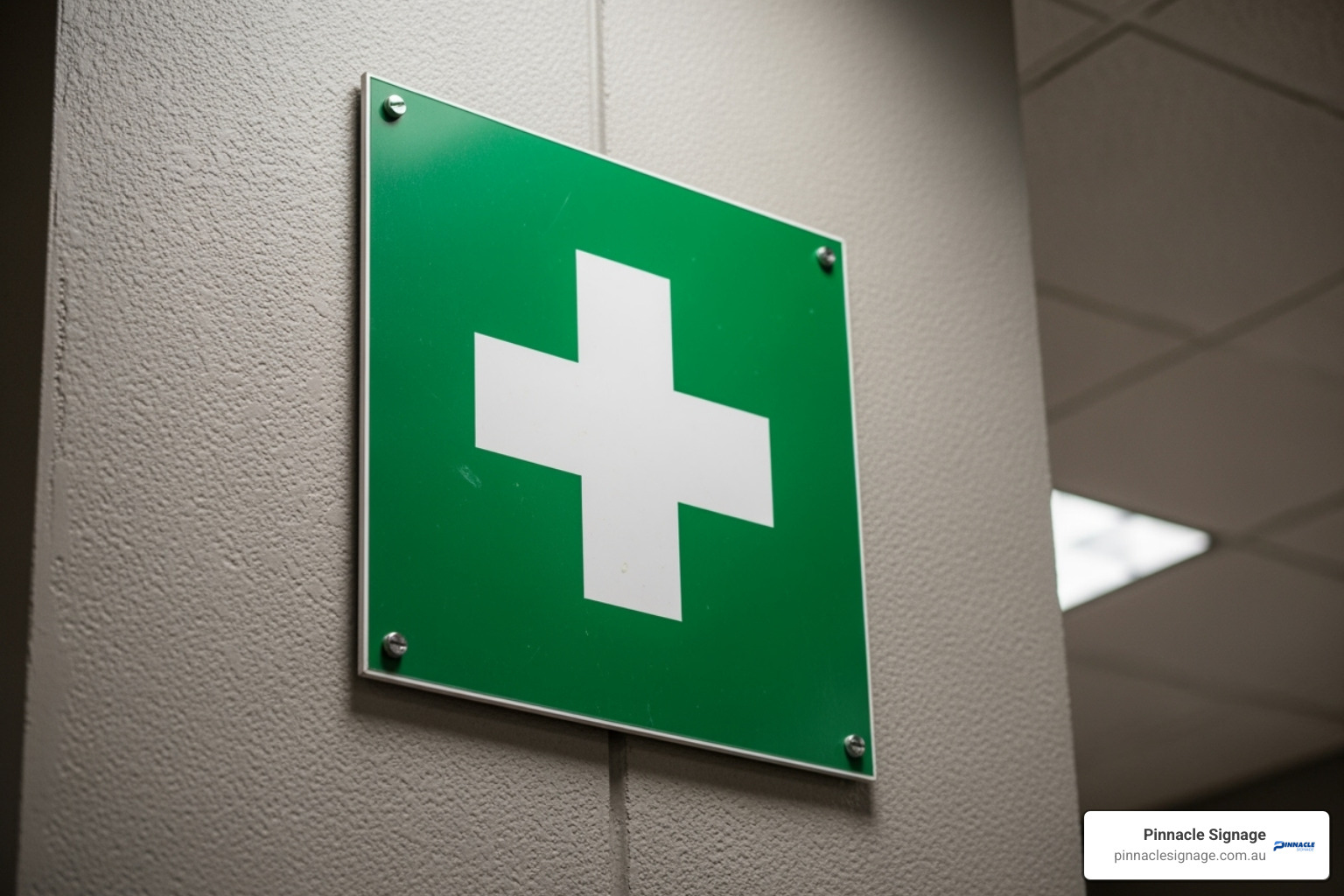 A professional first aid signage plaque featuring a white cross on a green background, securely mounted on a textured office wall. A professional first aid signage plaque featuring a white cross on a green background, securely mounted on a textured office wall.