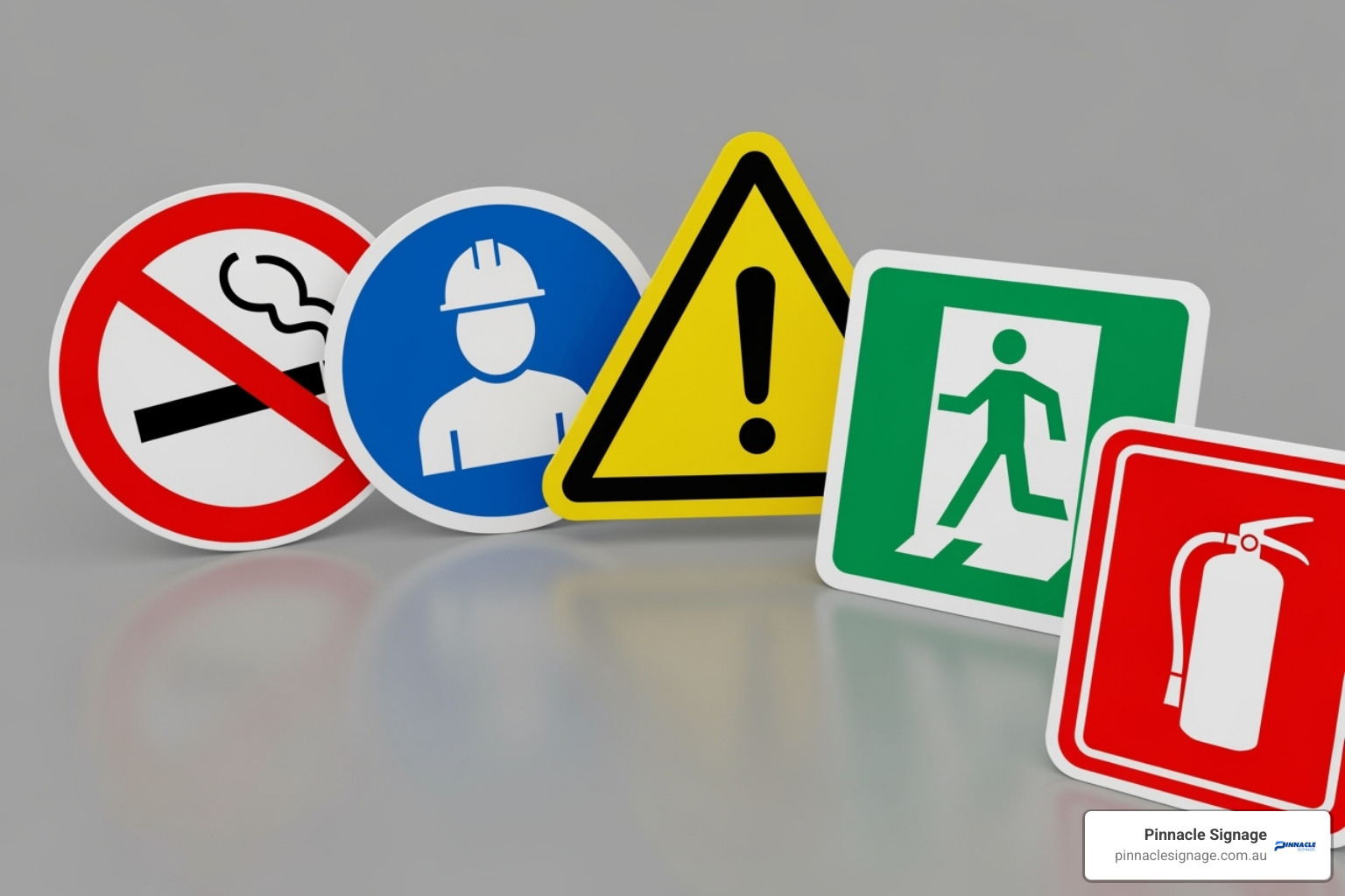 Examples of prohibition, mandatory, warning, safe condition, and fire equipment signs with their characteristic colours and shapes - Site safety signage Examples of prohibition, mandatory, warning, safe condition, and fire equipment signs with their characteristic colours and shapes - Site safety signage