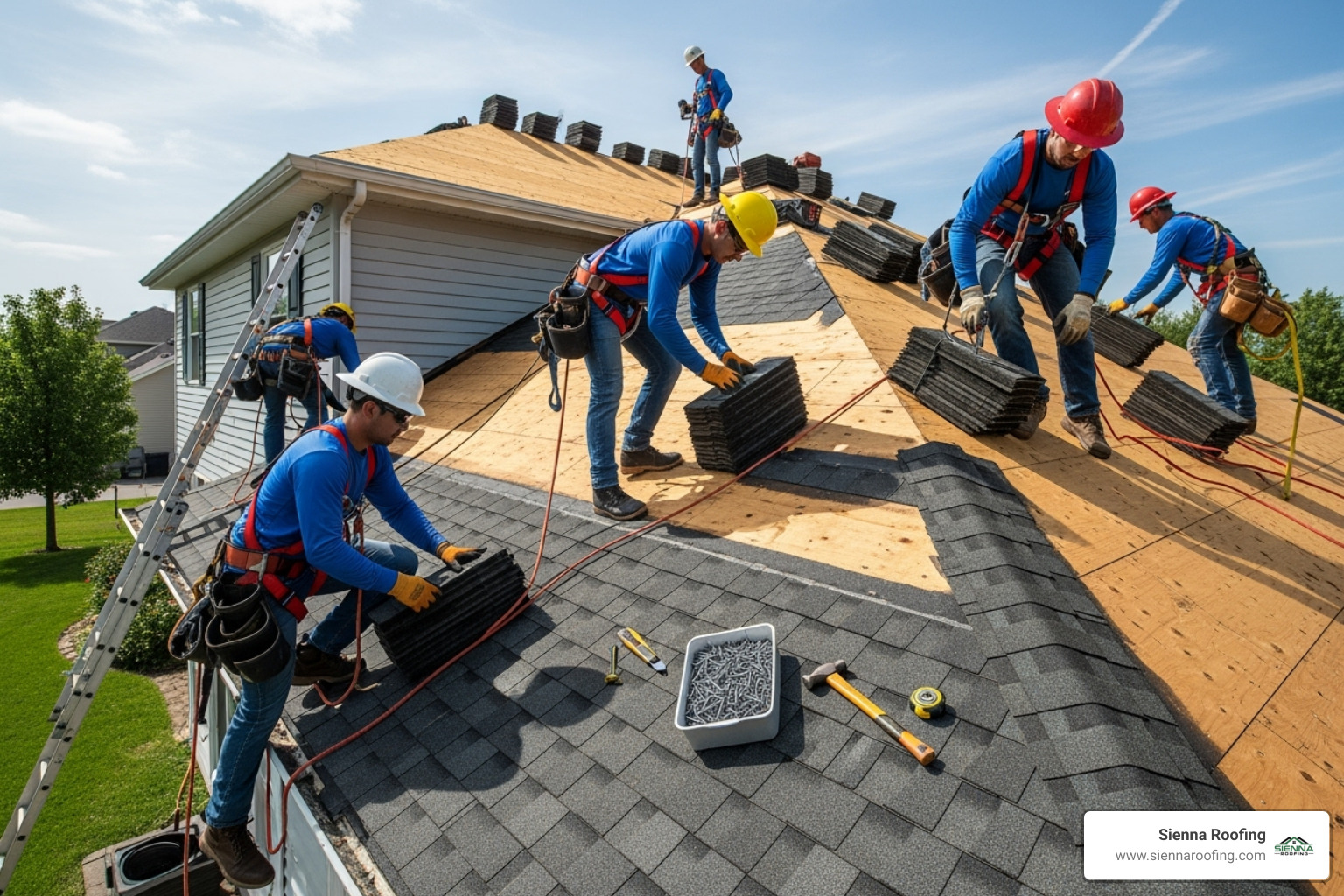 Professional roofers installing new asphalt shingles with proper safety harnesses - roof replacement cost Professional roofers installing new asphalt shingles with proper safety harnesses - roof replacement cost