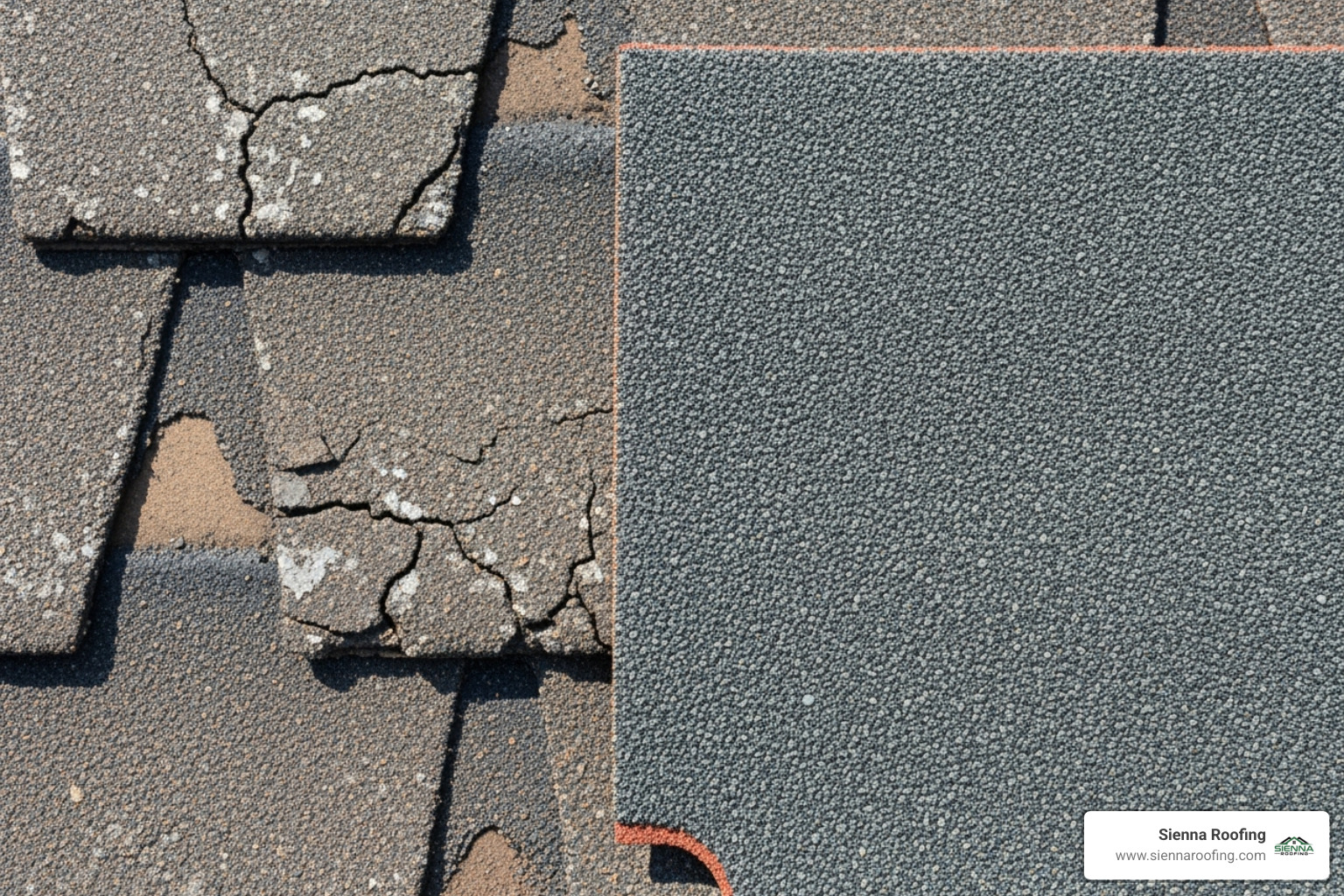 Curled and cracked asphalt shingles next to a new shingle for comparison - roof replacement cost Curled and cracked asphalt shingles next to a new shingle for comparison - roof replacement cost