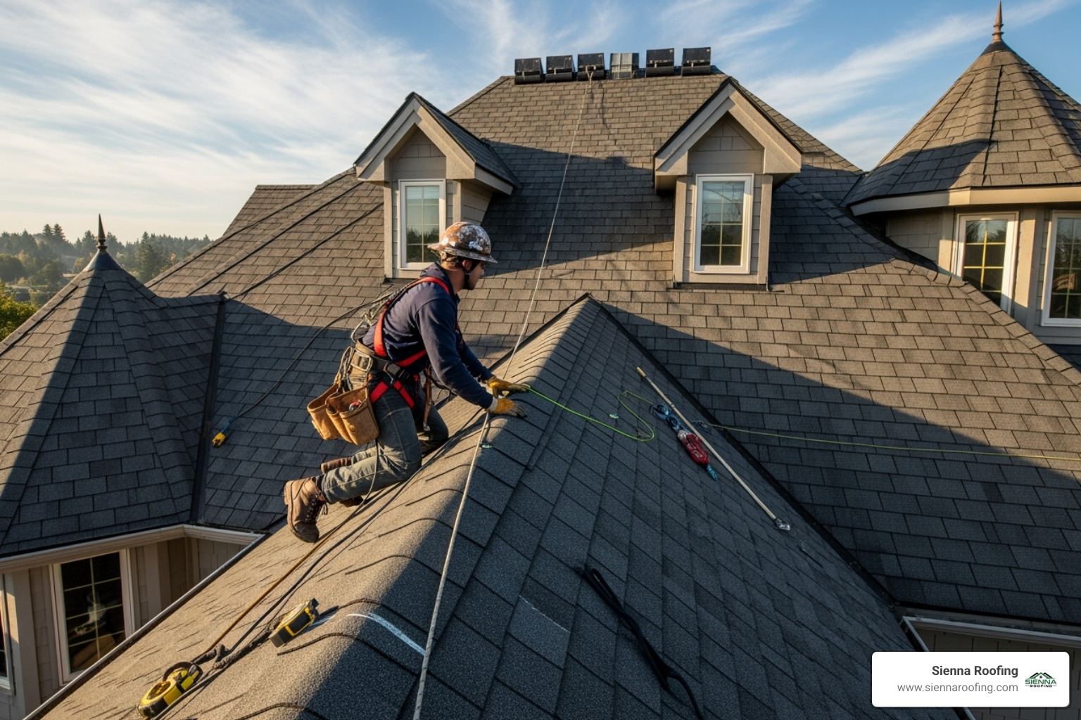 A roofer using proper OSHA safety equipment to inspect a complex roof with multiple gables and dormers, highlighting the challenges of working on intricate roof designs. - estimate for roof repair