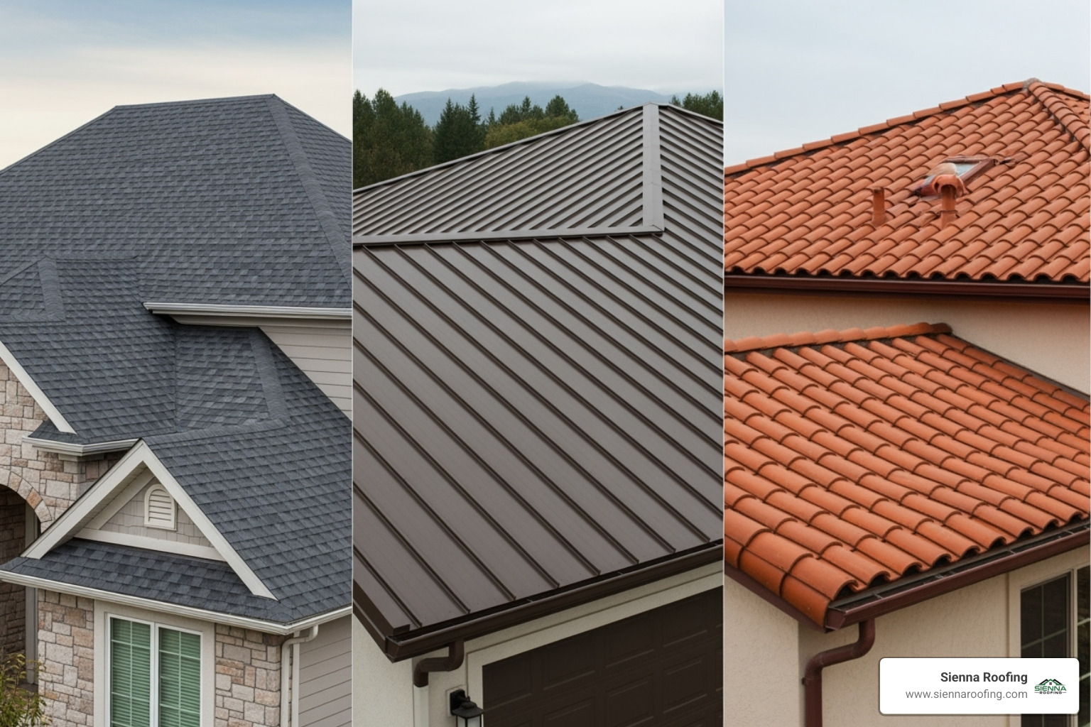 Side-by-side examples of asphalt shingles, standing seam metal roofing, and clay tile roofing materials on residential homes. - estimate for roof repair