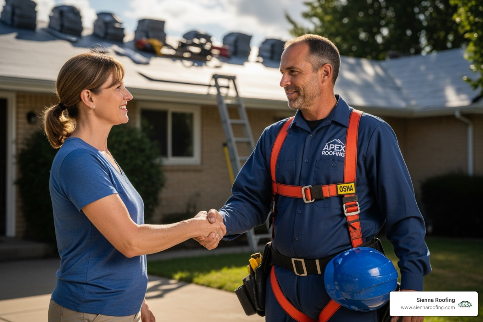 homeowner shaking hands with a uniformed roofing contractor wearing a safety harness - roof contractor near me