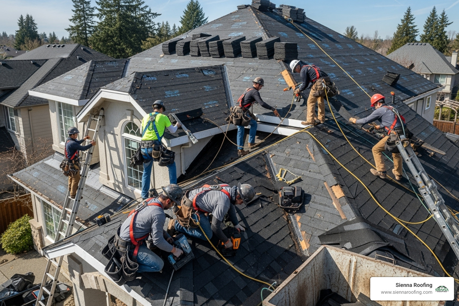 A roofing crew, equipped with OSHA-compliant safety harnesses, installing a brand new asphalt shingle roof on a residential home during daytime. - estimate for roof repair