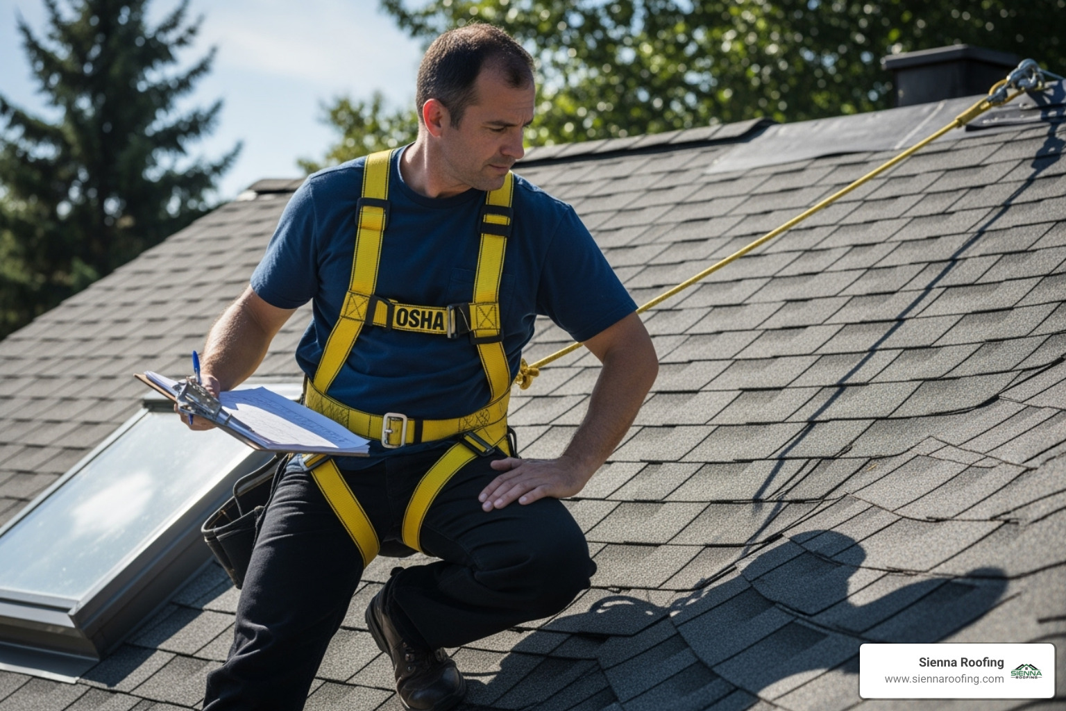 roofer performing a roof inspection with a clipboard and wearing a safety harness - roof contractor near me