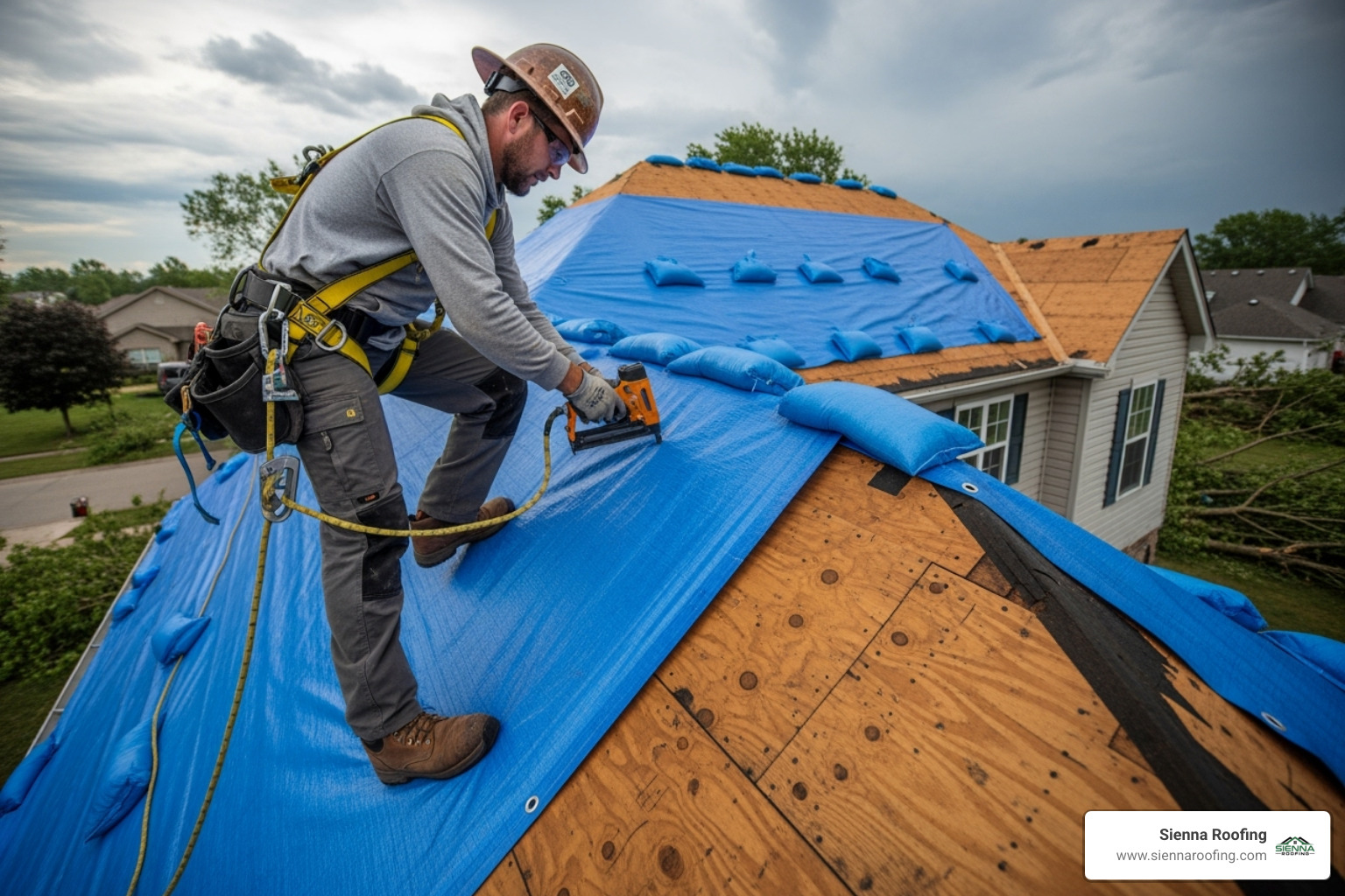 A roofer in a safety harness tarping a damaged roof - roof insurance claim