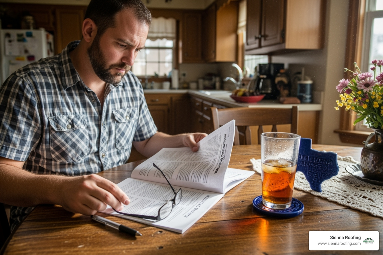 A homeowner in Texas reviewing an insurance policy document at a kitchen table - roof insurance claim