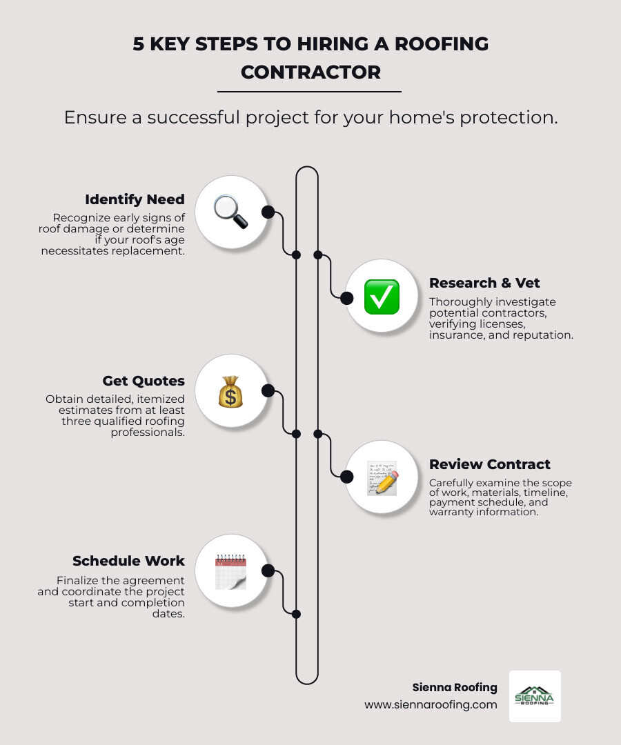 Infographic explaining the 5 key steps to hiring a roofing contractor: 1. Identify Need, 2. Research & Vet, 3. Get Quotes, 4. Review Contract, 5. Schedule Work. - roofing contractor infographic infographic-line-5-steps-neat_beige Infographic explaining the 5 key steps to hiring a roofing contractor: 1. Identify Need, 2. Research & Vet, 3. Get Quotes, 4. Review Contract, 5. Schedule Work. - roofing contractor infographic infographic-line-5-steps-neat_beige