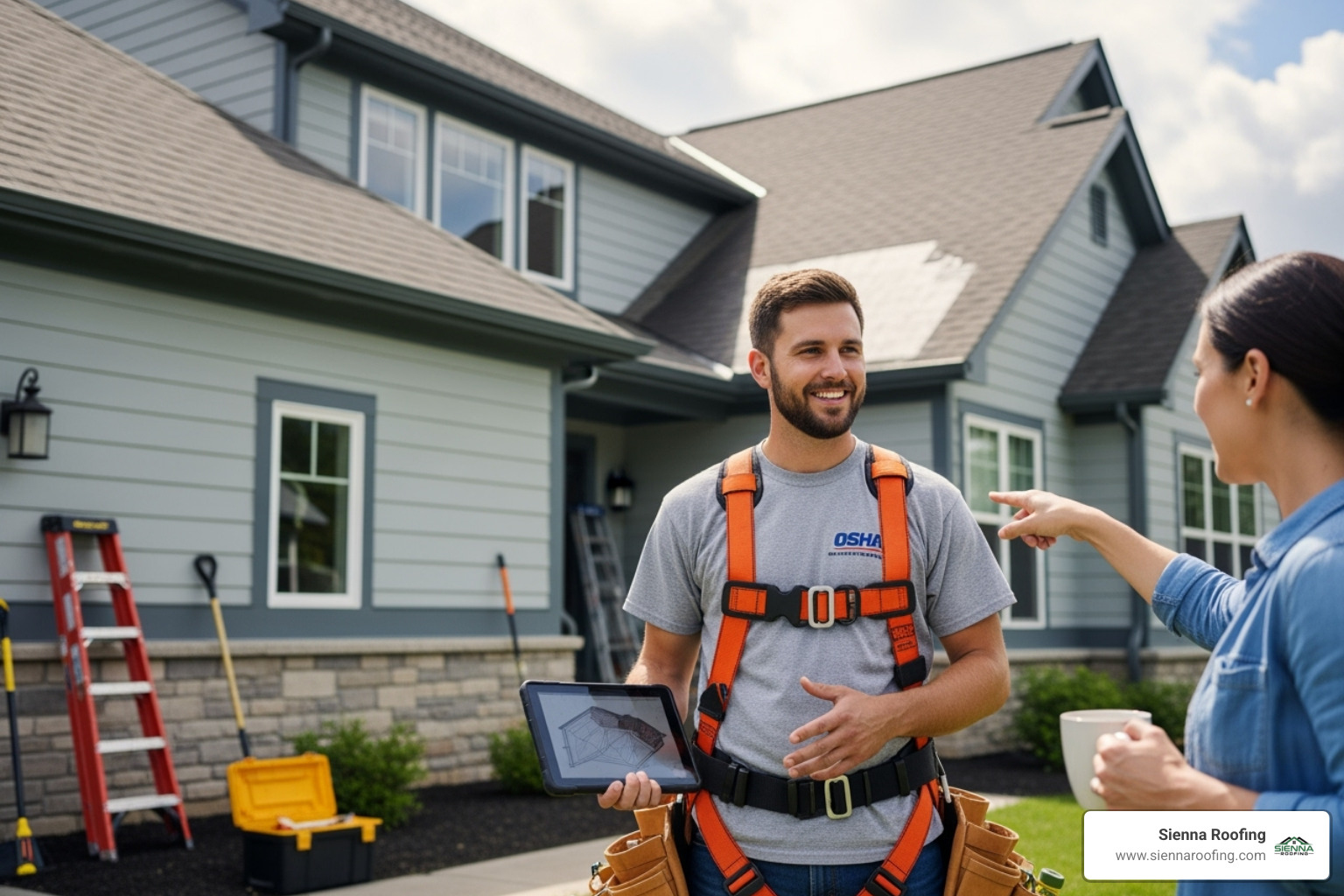 friendly, professional roofer discussing plans with a homeowner, with proper OSHA safety harness - roofing contractor friendly, professional roofer discussing plans with a homeowner, with proper OSHA safety harness - roofing contractor