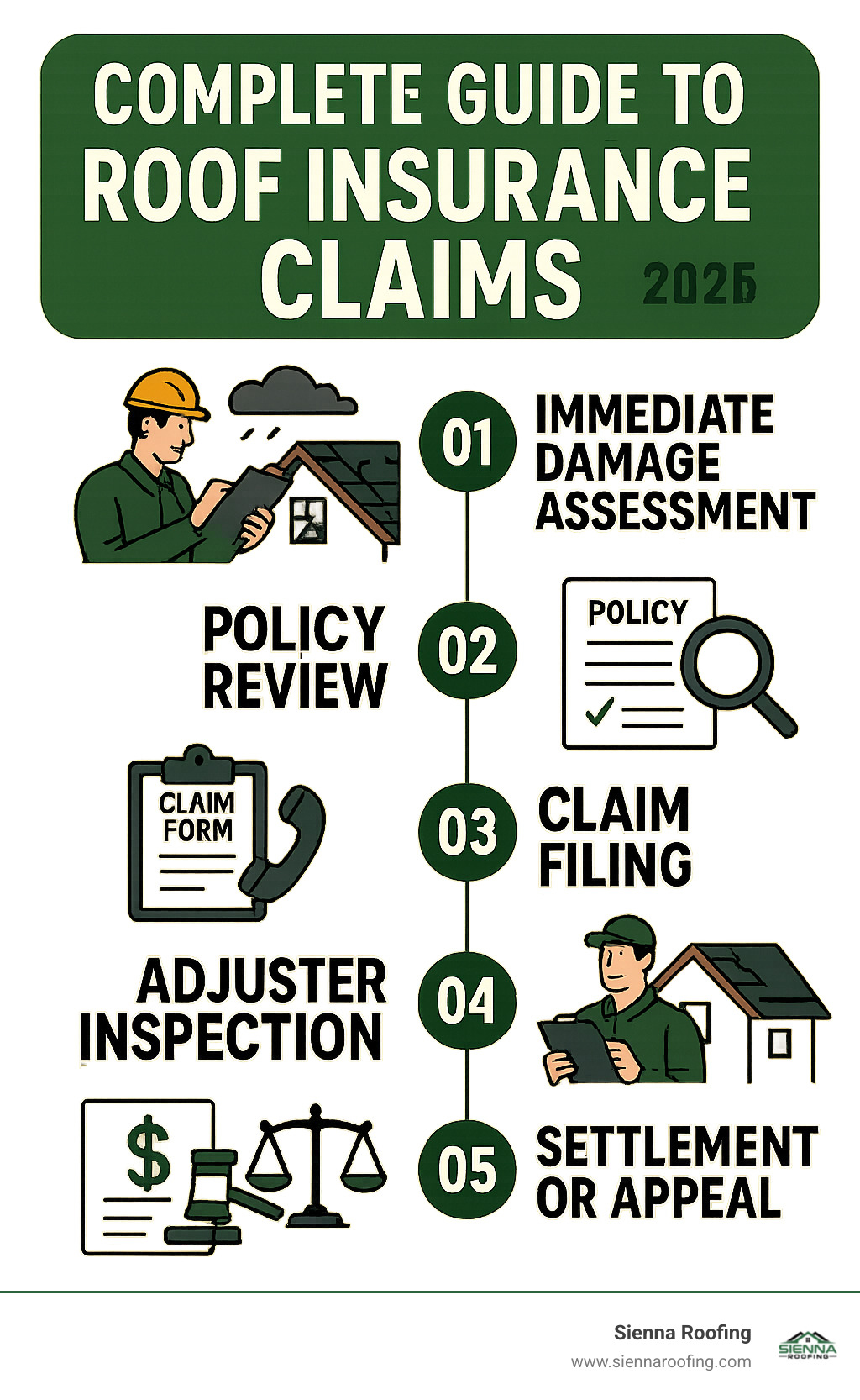 Complete guide to roof insurance claims showing the 5 key stages: immediate damage assessment, policy review, claim filing, adjuster inspection, and settlement or appeal process - roof insurance claim infographic 