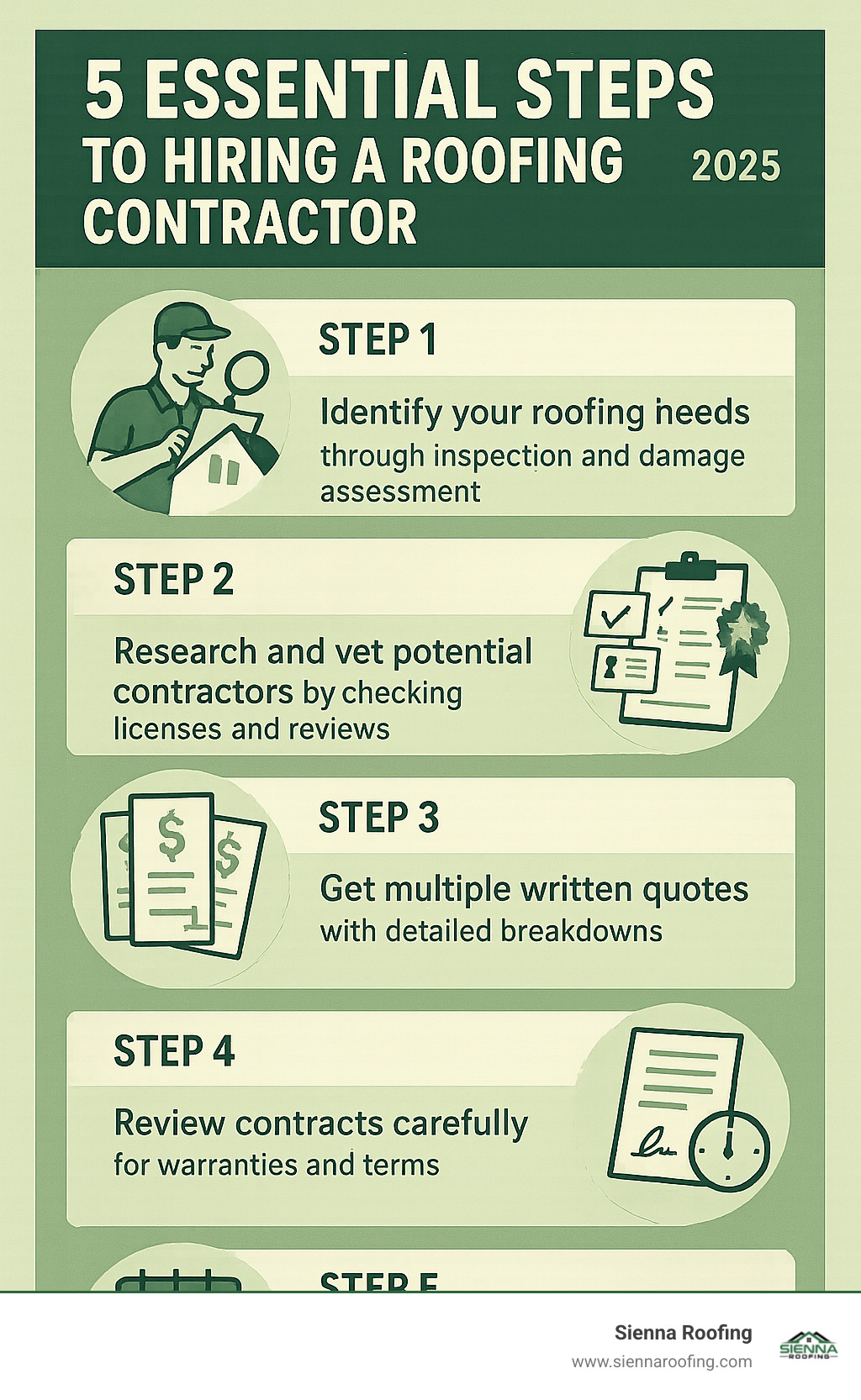 Infographic showing the 5 essential steps to hiring a roofing contractor: Step 1 - Identify your roofing needs through inspection and damage assessment, Step 2 - Research and vet potential contractors by checking licenses and reviews, Step 3 - Get multiple written quotes with detailed breakdowns, Step 4 - Review contracts carefully for warranties and terms, Step 5 - Schedule work with clear timelines and payment schedules - roofing contractor infographic Infographic showing the 5 essential steps to hiring a roofing contractor: Step 1 - Identify your roofing needs through inspection and damage assessment, Step 2 - Research and vet potential contractors by checking licenses and reviews, Step 3 - Get multiple written quotes with detailed breakdowns, Step 4 - Review contracts carefully for warranties and terms, Step 5 - Schedule work with clear timelines and payment schedules - roofing contractor infographic