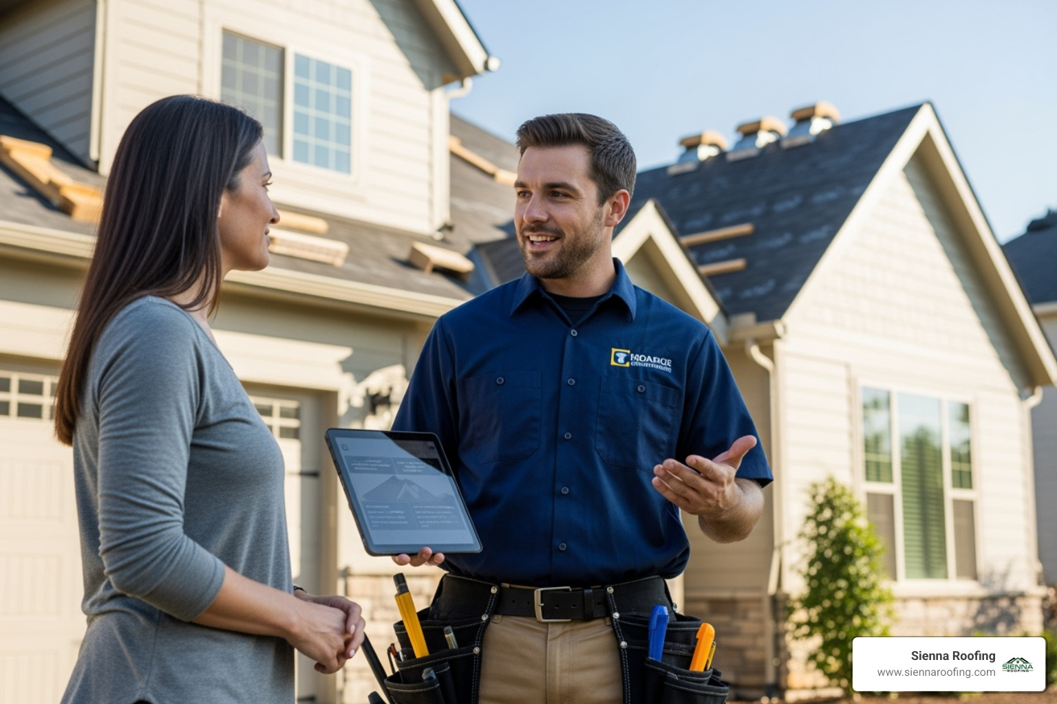 friendly roofing contractor talking with a homeowner - roof replacement estimate
