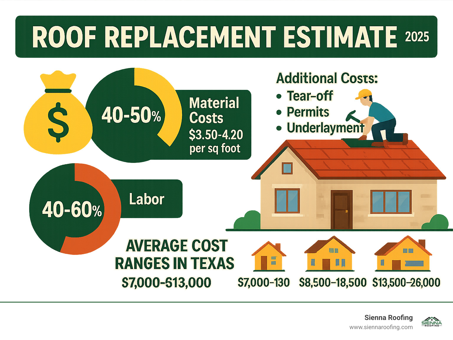 Detailed breakdown of roof replacement estimate components showing material costs, labor percentages, and additional fees with average cost ranges for different home sizes in Texas - roof replacement estimate infographic 