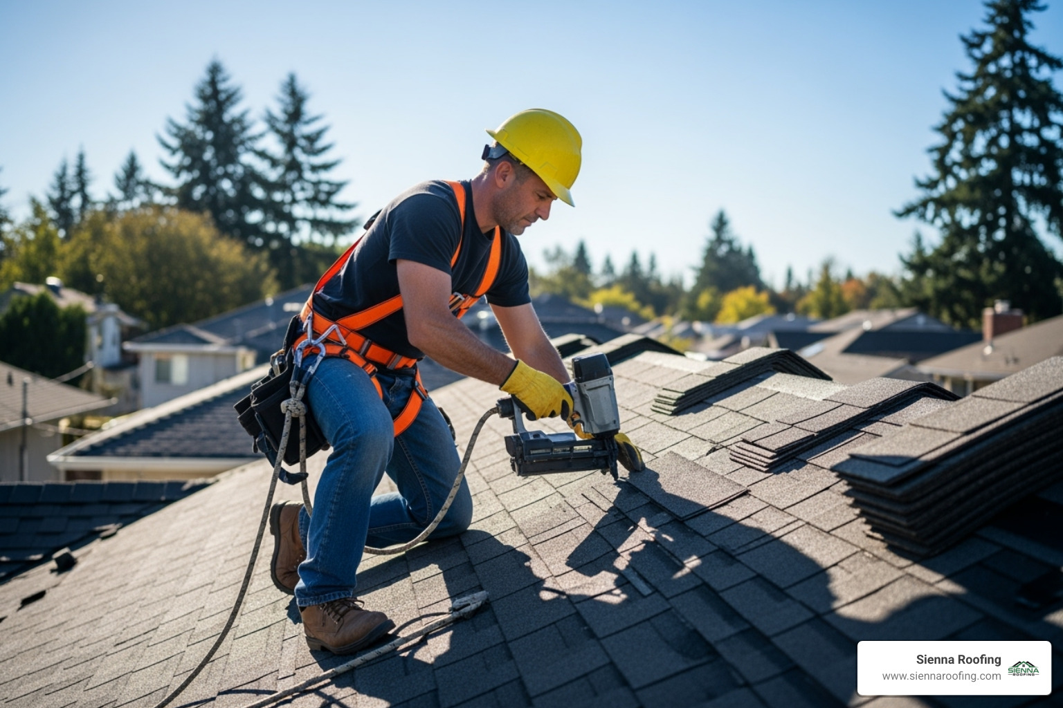 roofer installing shingles with safety harness - shingle roof replacement