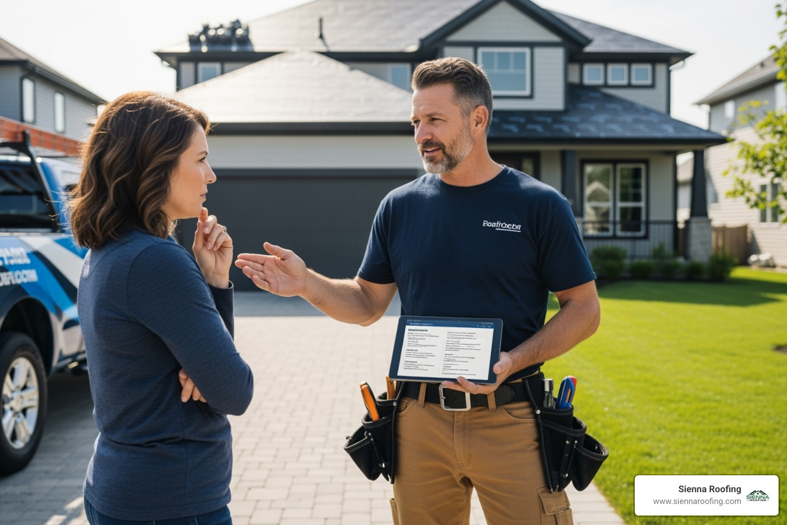 roofer providing a quote to a homeowner - shingle roof replacement