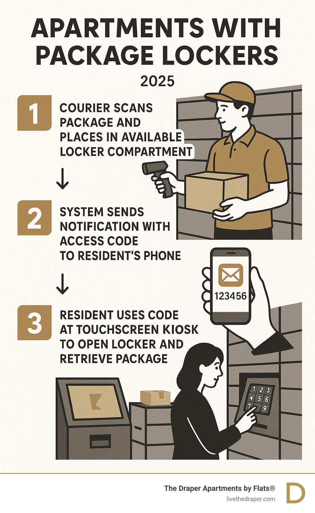 Infographic showing the complete package delivery process: courier scans package and places in available locker compartment, system sends notification with access code to resident's phone, resident uses code at touchscreen kiosk to open their specific locker and retrieve package - apartments with package lockers infographic 