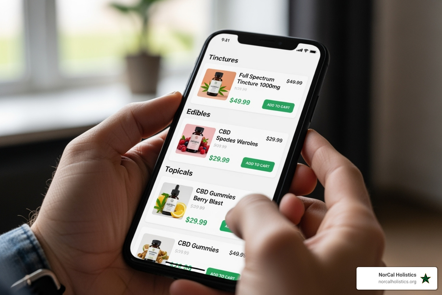User browsing a CBD menu on a smartphone - CBD delivery Sacramento