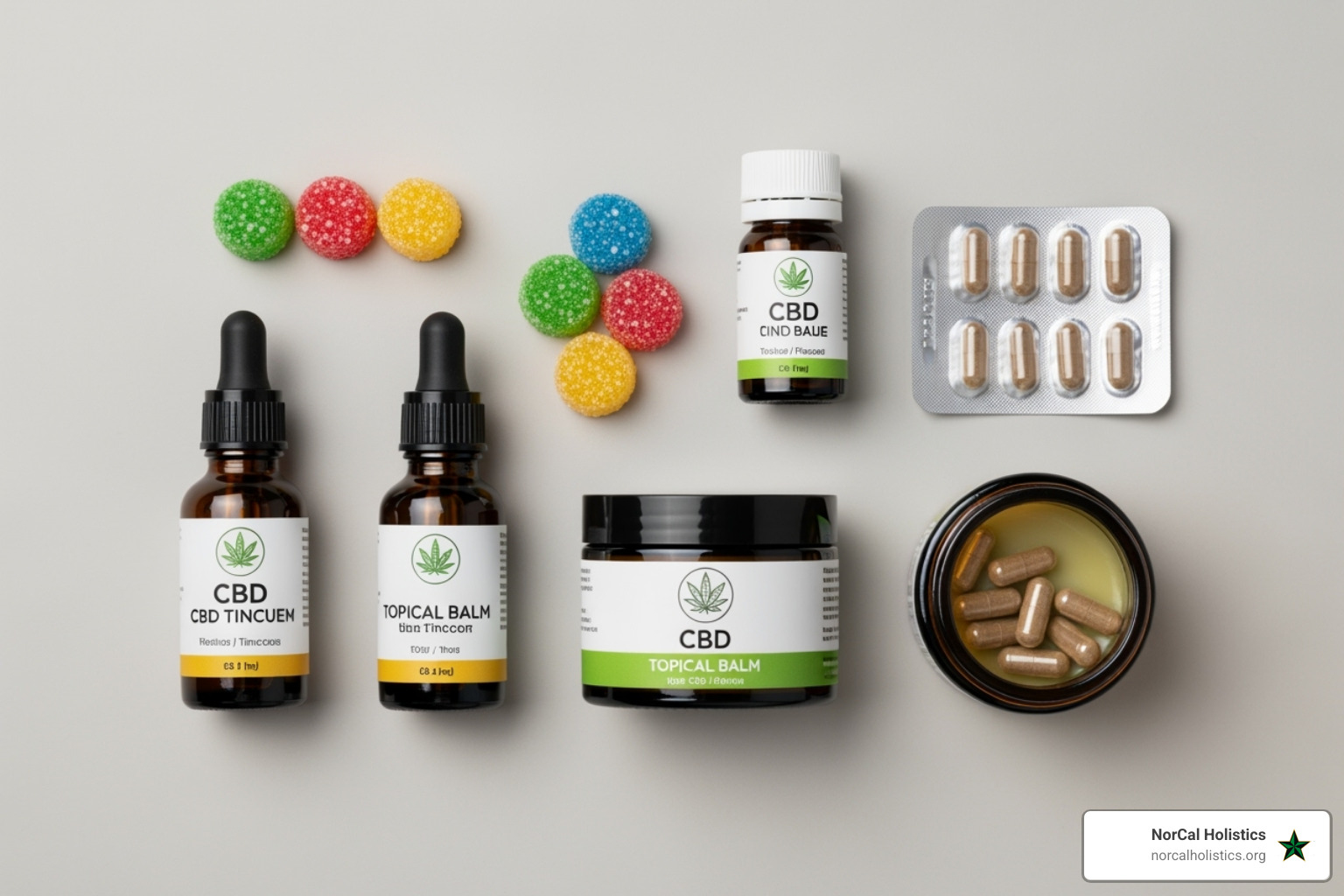 Variety of CBD products like tinctures, gummies, and topicals - CBD delivery Sacramento