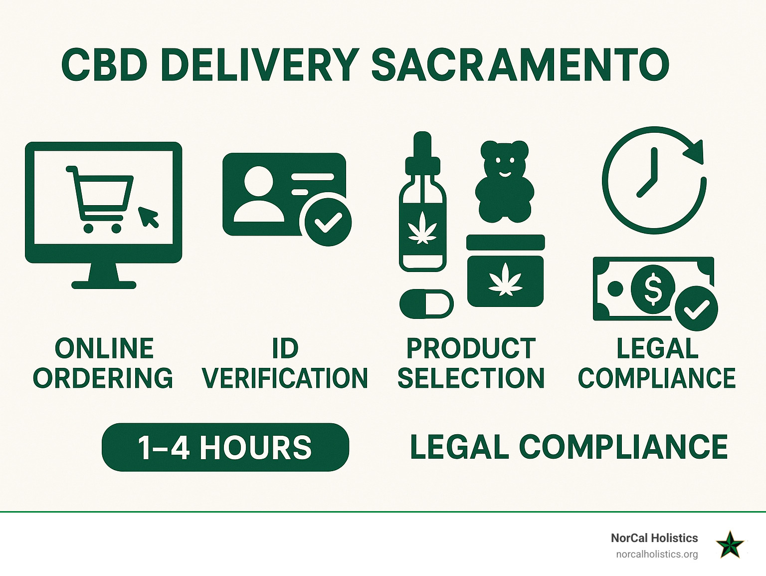 Infographic showing CBD delivery process in Sacramento: online ordering, ID verification, product selection from tinctures to topicals, delivery timeframes of 1-4 hours, payment methods, and legal compliance requirements for California licensed services - CBD delivery Sacramento infographic 