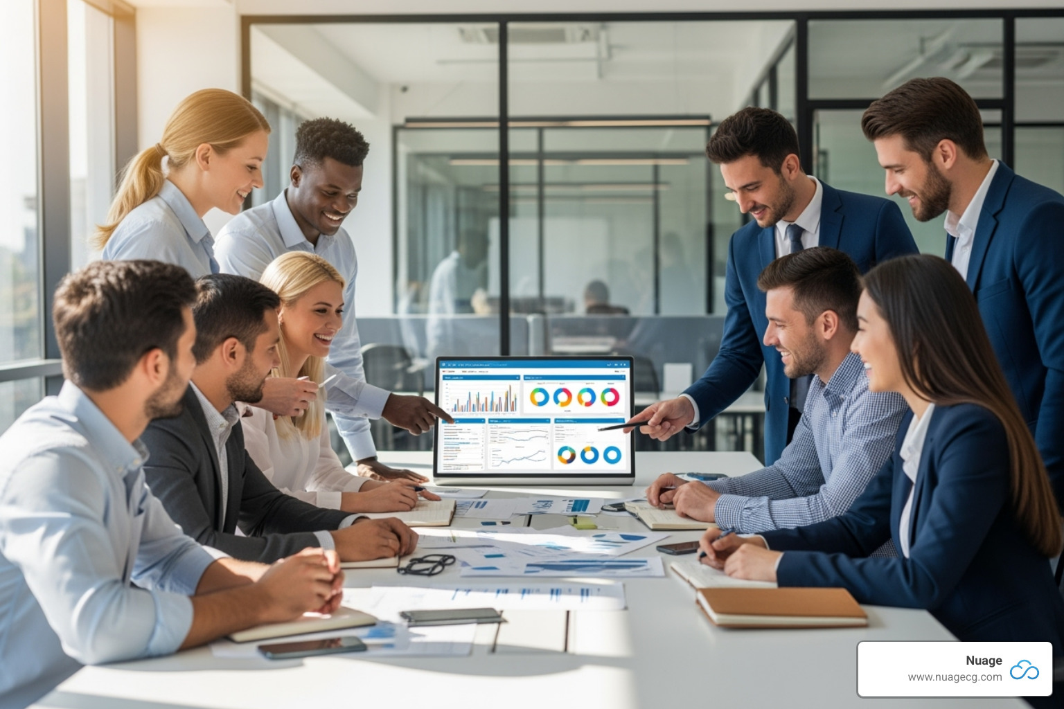 Image of sales and finance teams collaborating happily - salesforce netsuite connector