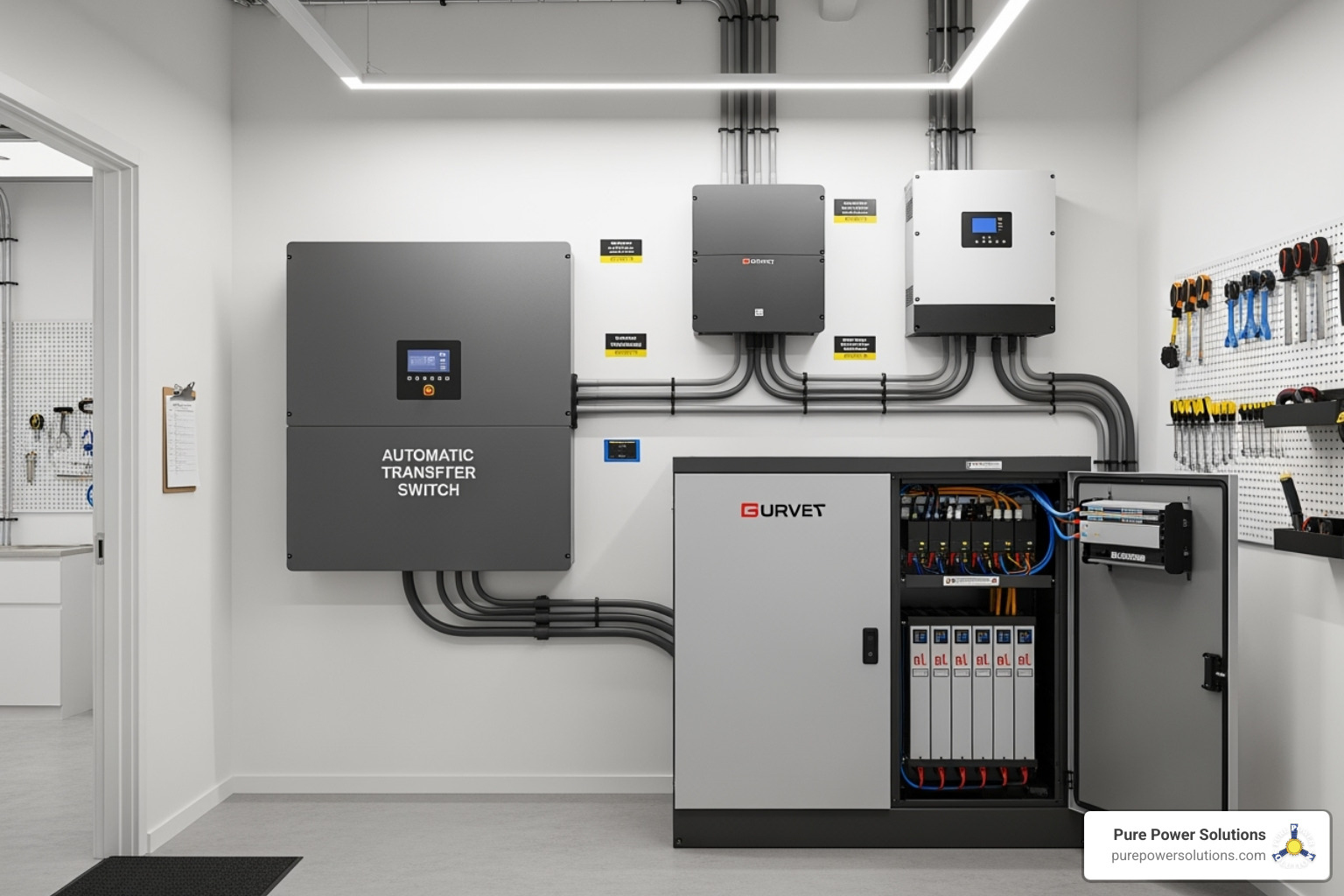 Clean, well-organized commercial utility room showing a transfer switch, battery cabinet, and inverter. - emergency power system Clean, well-organized commercial utility room showing a transfer switch, battery cabinet, and inverter. - emergency power system