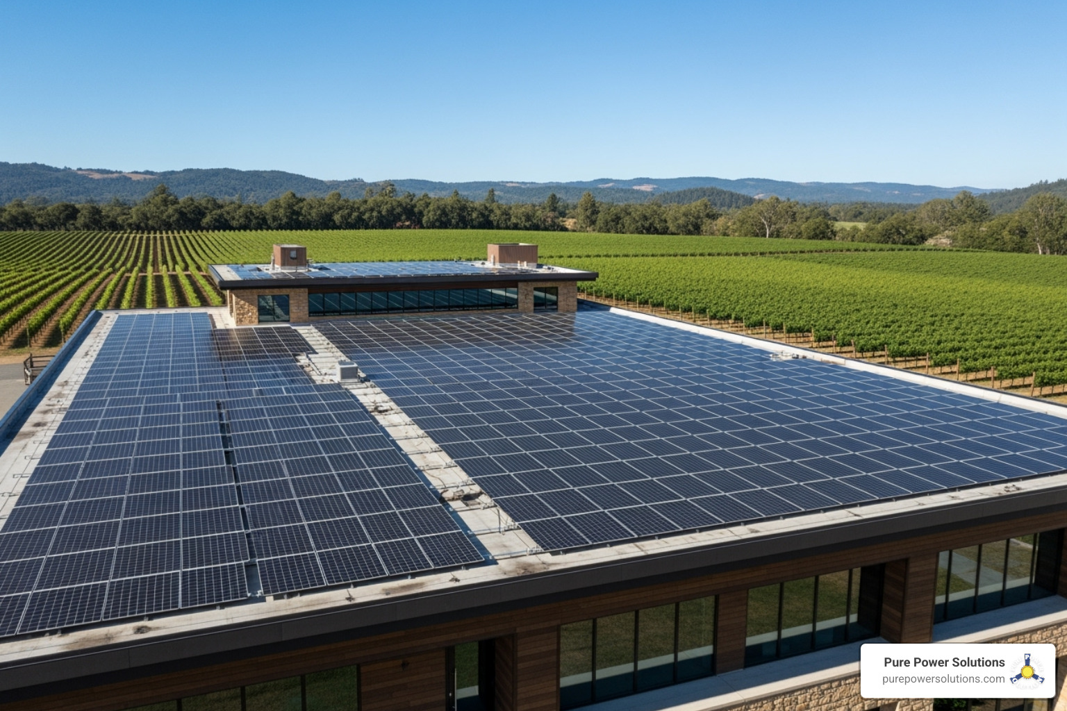 Commercial solar array on a winery roof in Sonoma County, with text overlay highlighting "Clean, Quiet, Reliable Power". - emergency power system Commercial solar array on a winery roof in Sonoma County, with text overlay highlighting "Clean, Quiet, Reliable Power". - emergency power system