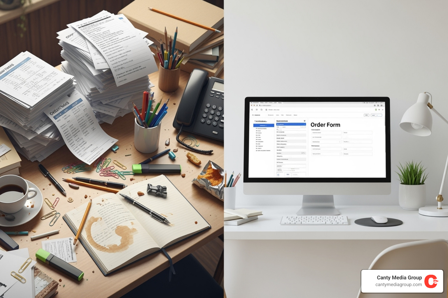 Messy desk with handwritten order slips vs. clean digital interface - Editable order form template