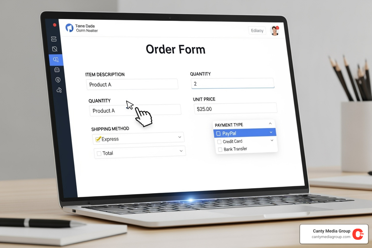 Well-designed order form with key sections highlighted and labeled - Editable order form template
