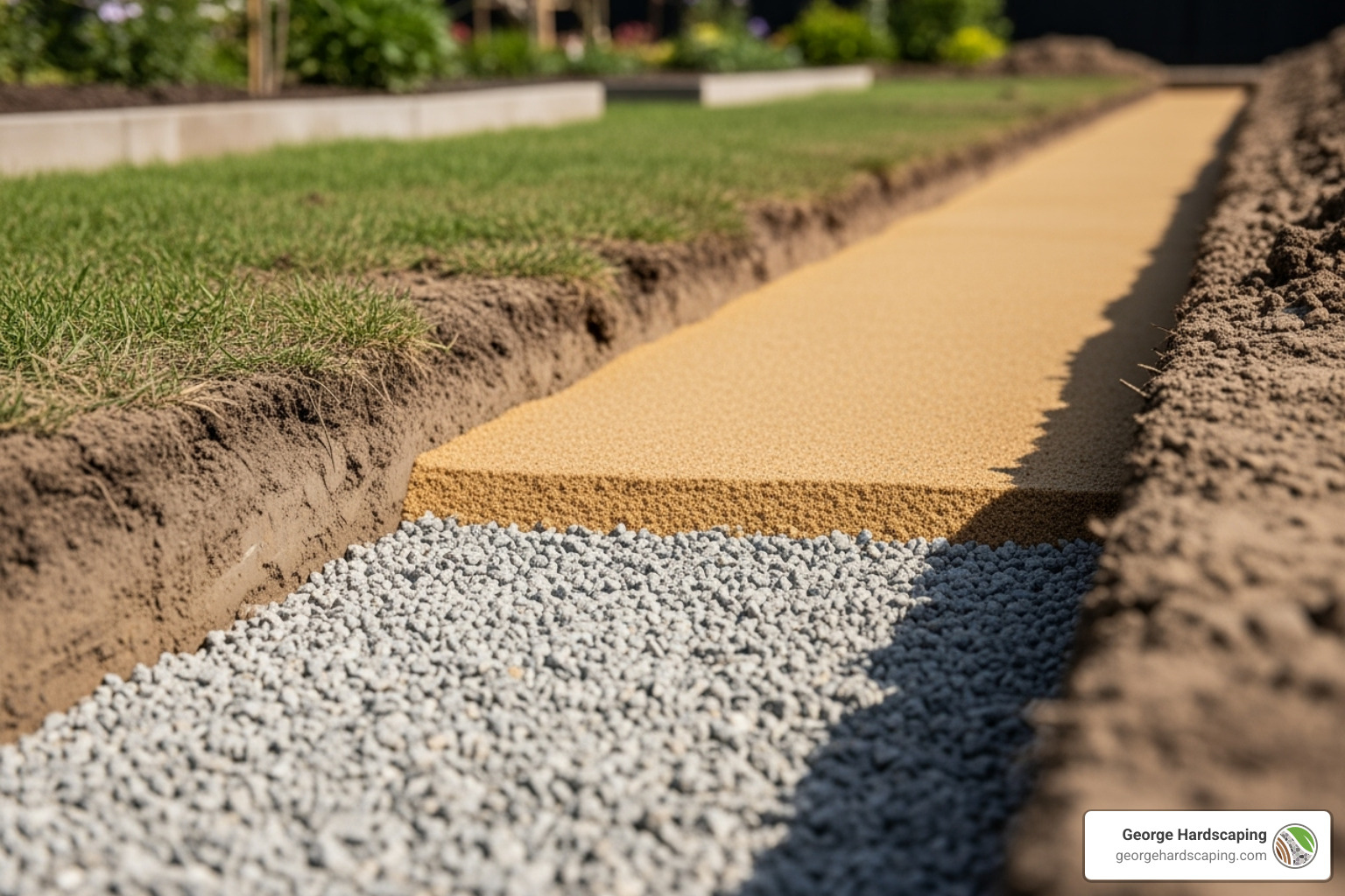 Excavated walkway path with compacted gravel base and sand layer; shows geotextile, base lift thickness, and screed rails in place - how to install stone walkway Excavated walkway path with compacted gravel base and sand layer; shows geotextile, base lift thickness, and screed rails in place - how to install stone walkway
