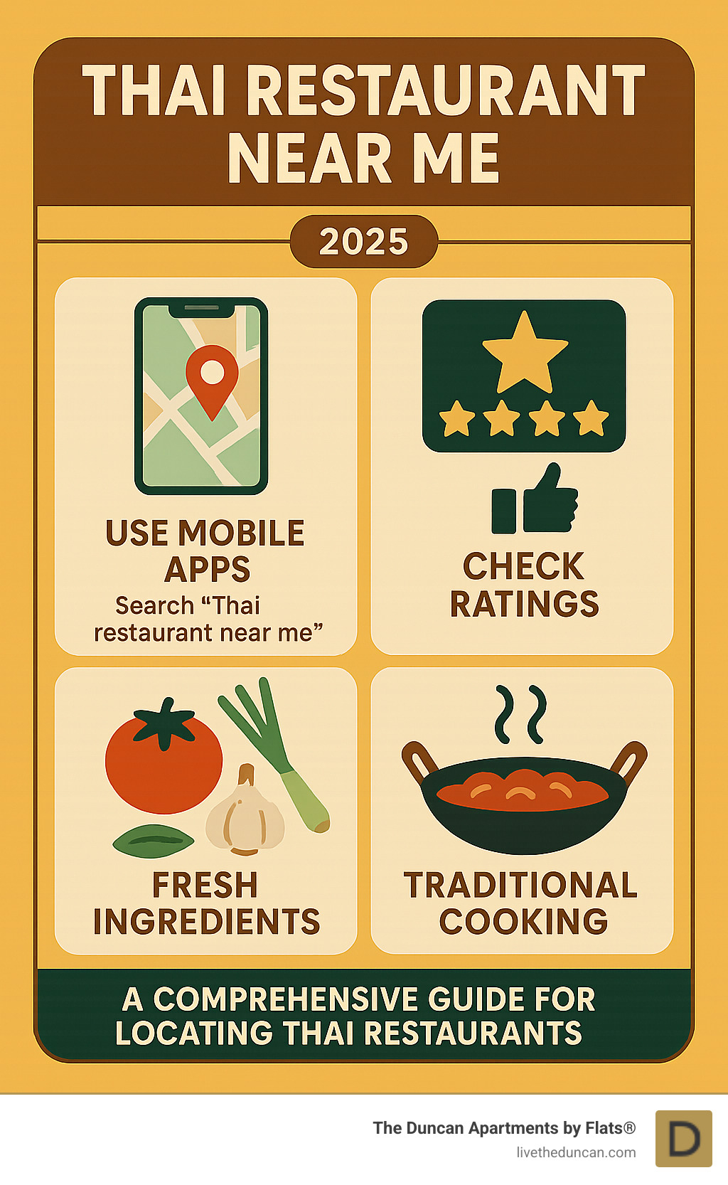 Comprehensive guide showing how to locate Thai restaurants using mobile apps, rating systems, and key authenticity indicators like fresh ingredient usage and traditional cooking methods - thai restaurant near me infographic 