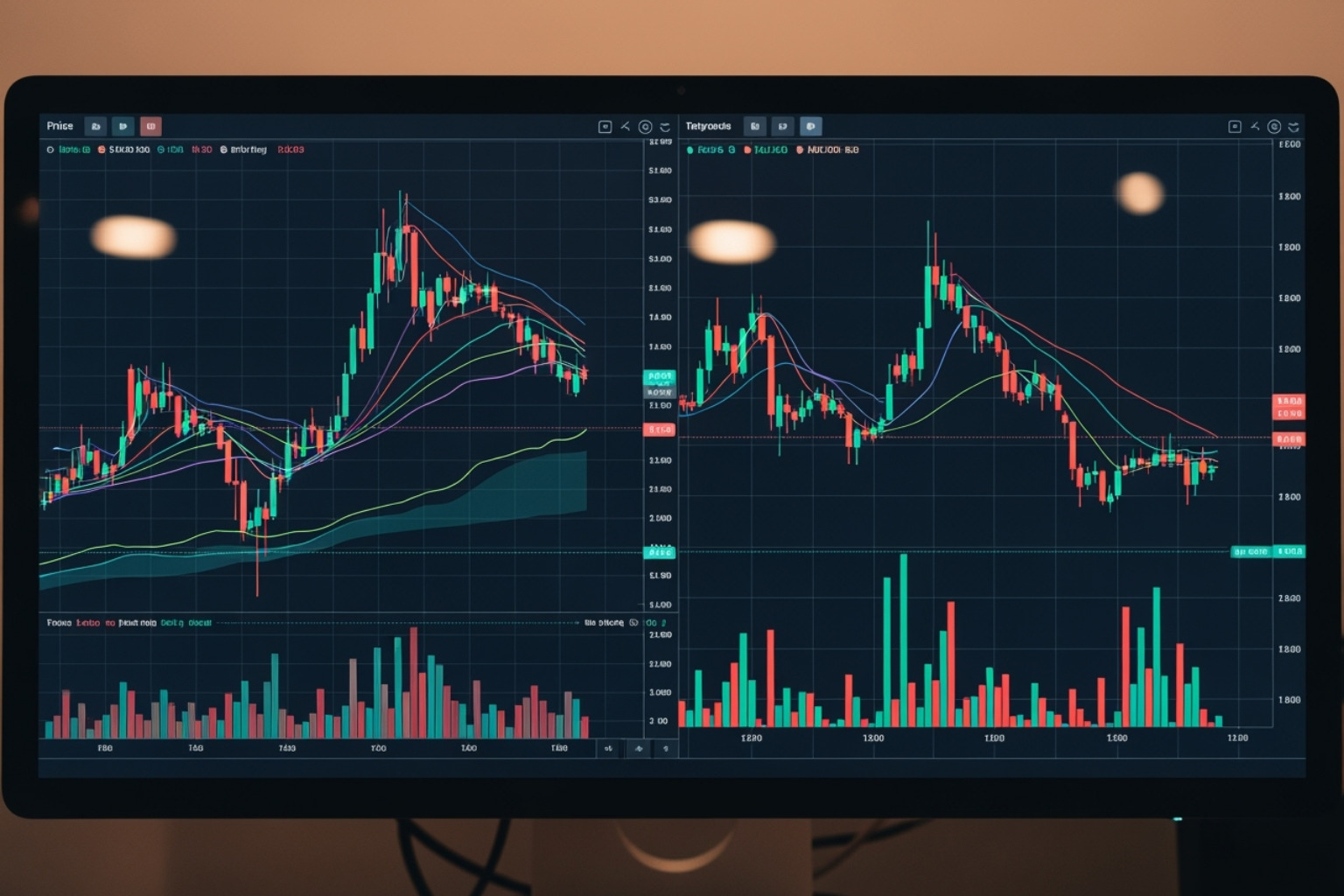 Split screen showing a stock chart on one side and a cryptocurrency price chart on the other - fintechzoom.com economy