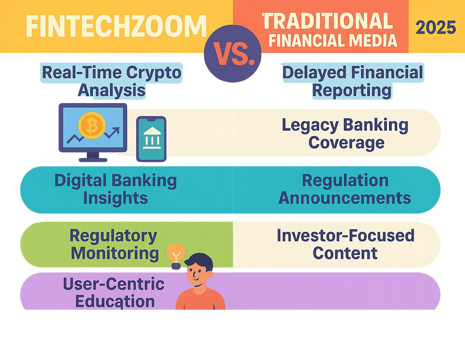 Infographic showing the key differences between FintechZoom's fintech-focused coverage versus traditional financial media, including real-time crypto analysis, digital banking insights, regulatory monitoring, and user-centric education - fintechzoom.com economy infographic 